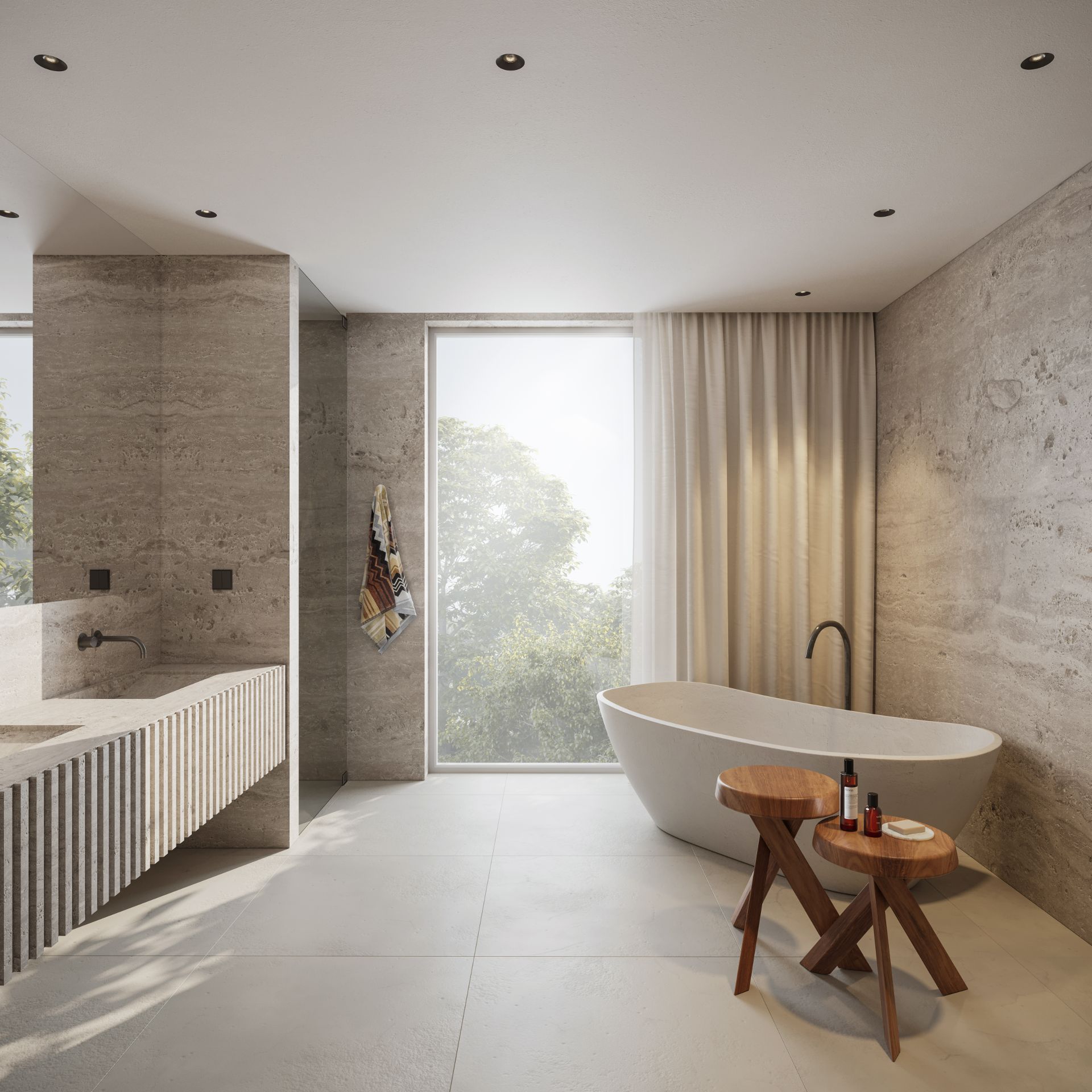 Modernes Badezimmer mit freistehender Badewanne, großem Fenster und zwei Holzhockern.
