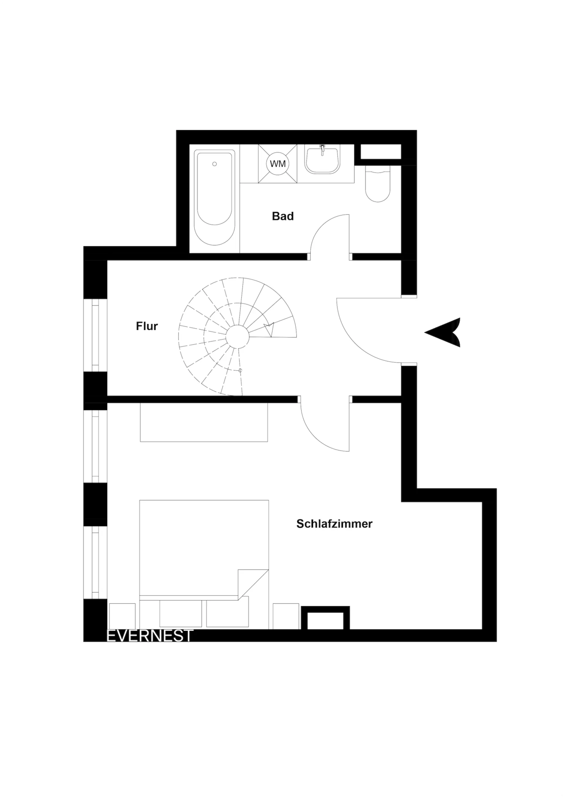 Grundriss mit Schlafzimmer, Flur, Bad und Wendeltreppe.