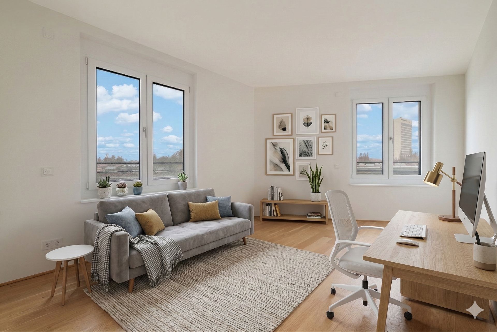 Helles Wohnzimmer mit grauem Sofa, Schreibtisch, Stuhl, Teppich und großem Fenster.