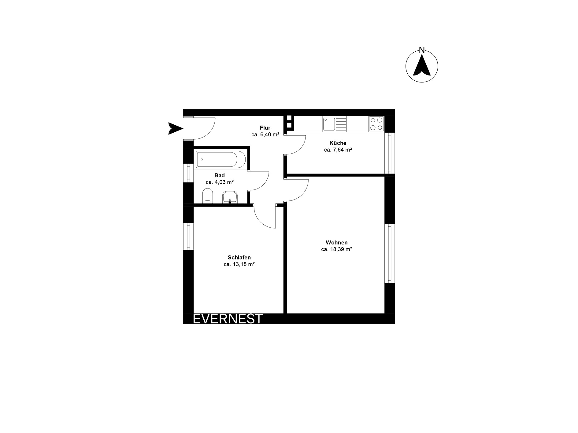Grundriss einer Wohnung mit Flur, Küche, Bad, Schlaf- und Wohnzimmer.