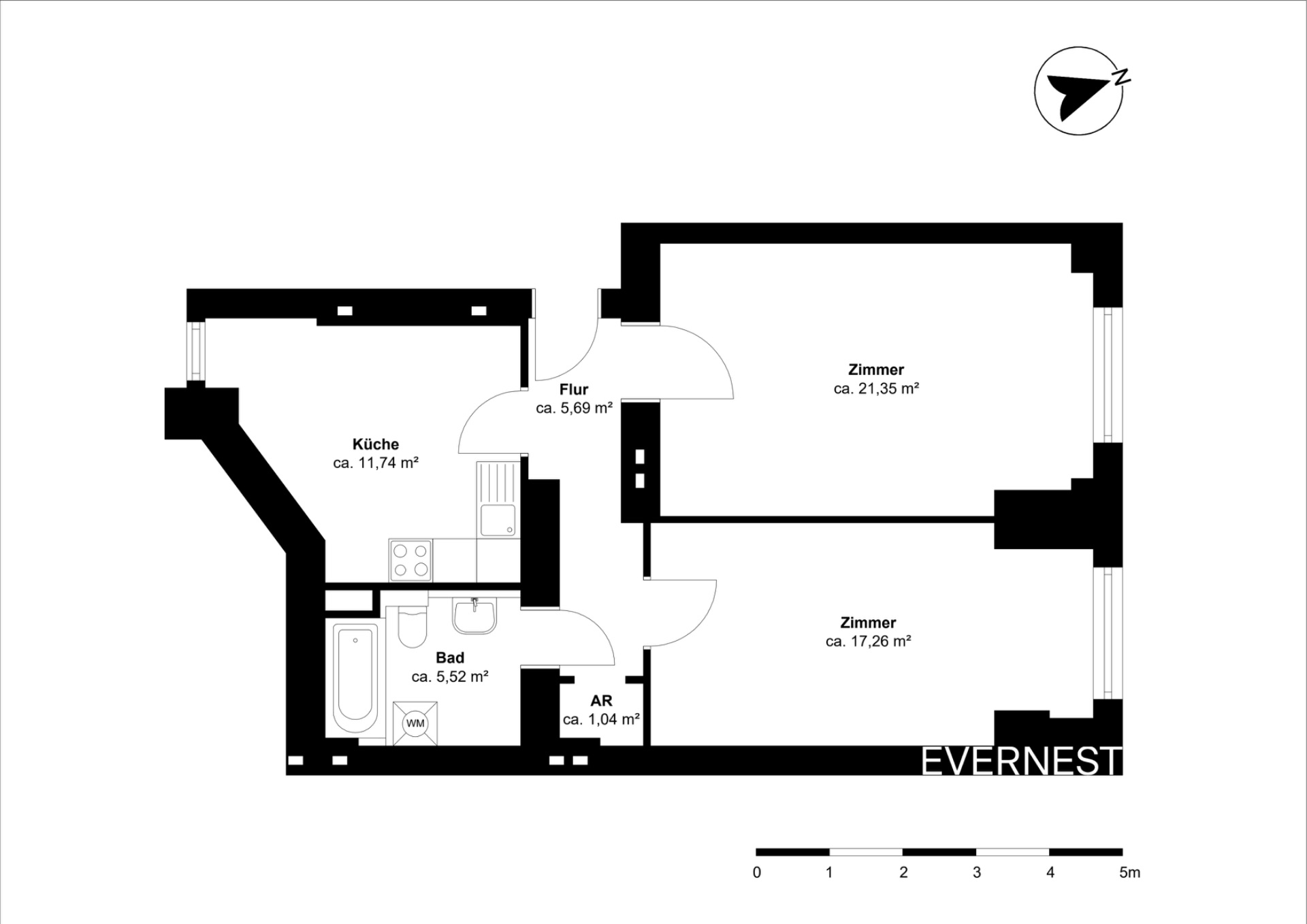 Grundriss mit Küche, Bad, Abstellraum, Flur und zwei Zimmern, Flächenangaben in m².