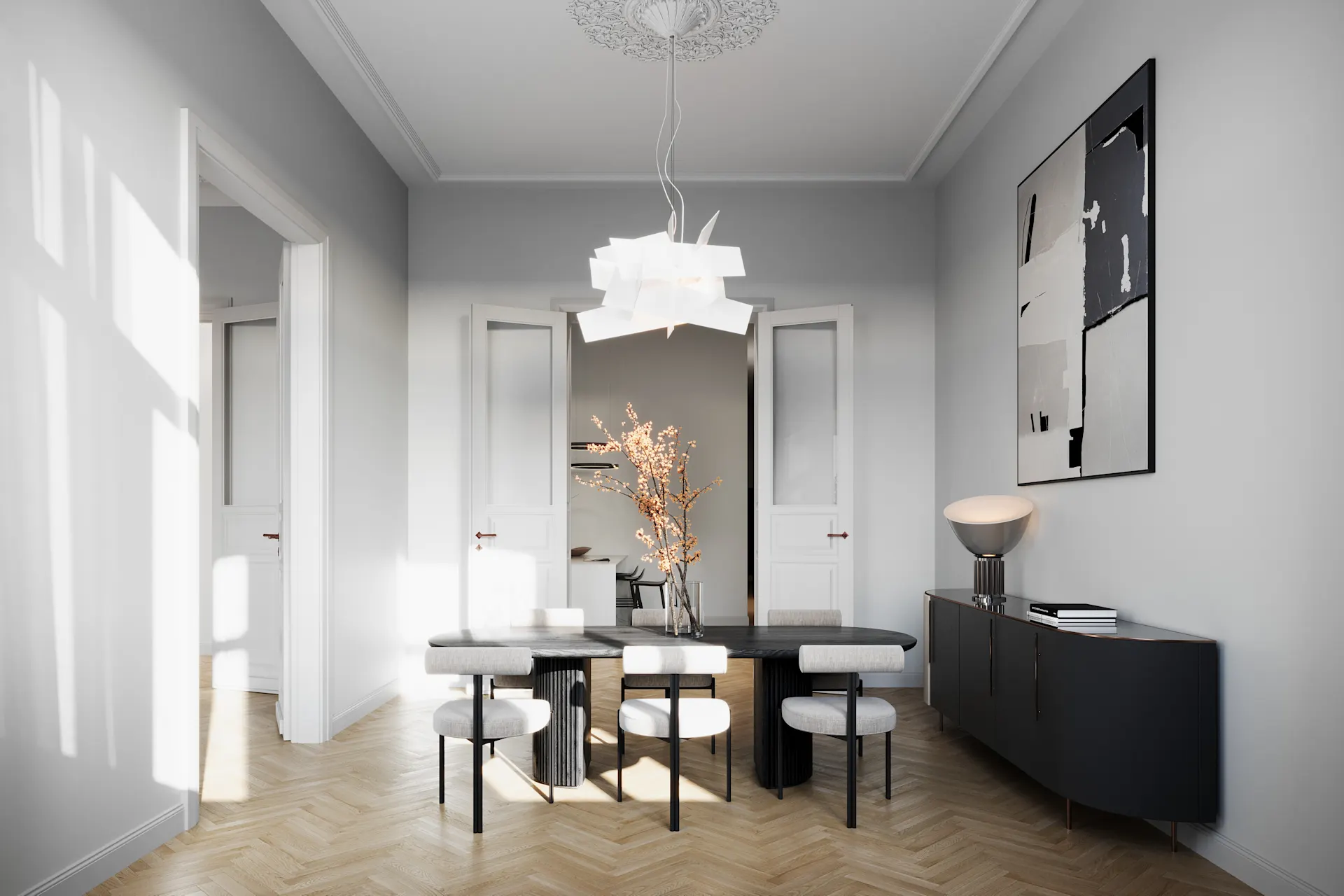Helles Esszimmer mit modernem Tisch, sechs Stühlen und großem Wandbild.
