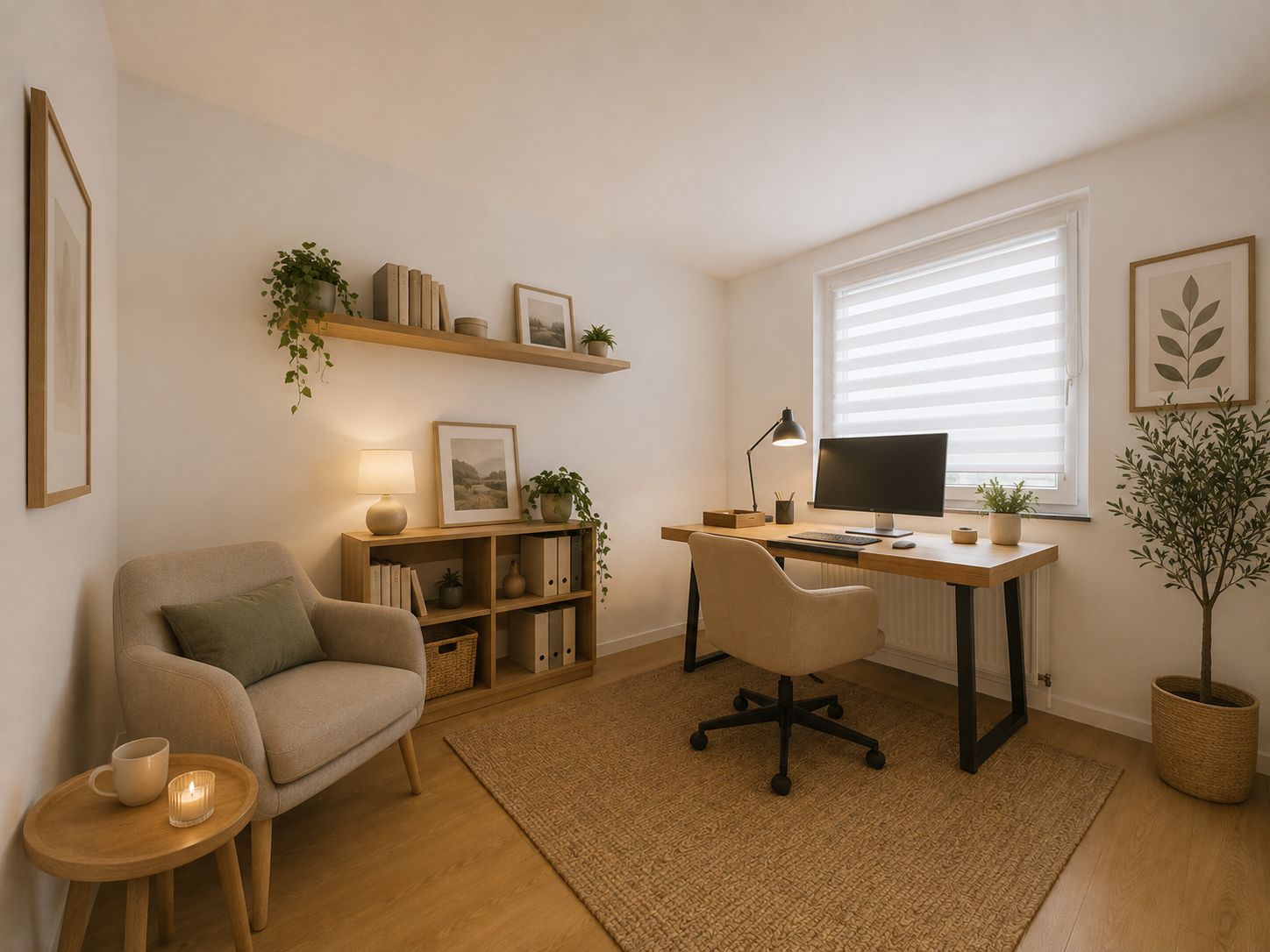 Helles Arbeitszimmer mit Schreibtisch, Stuhl, Sessel, Regalen, Pflanzen und dekorativen Bildern.