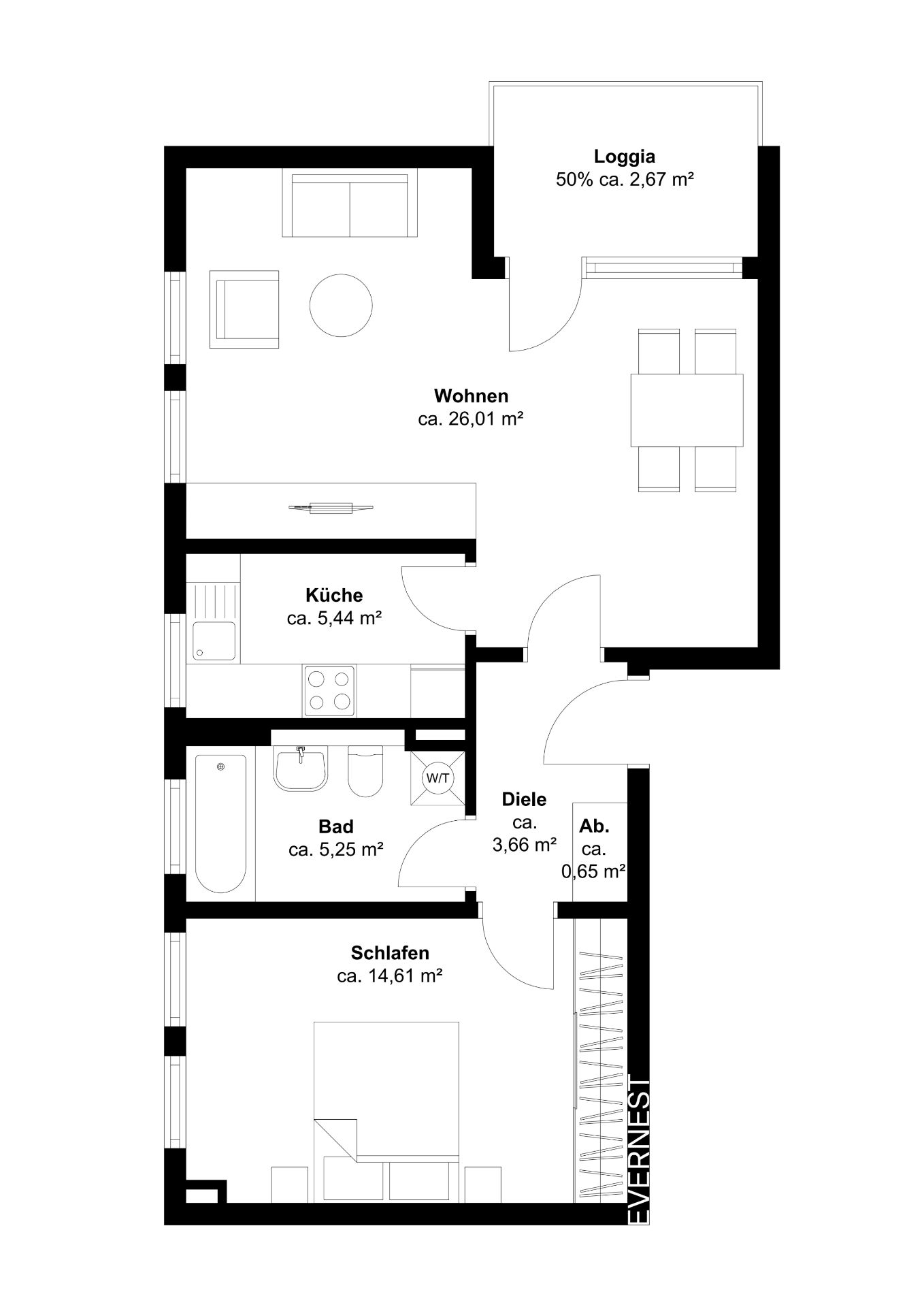 Grundriss einer Wohnung mit Schlaf-, Wohn-, Badezimmer, Küche, Diele, Abstellraum und Loggia.