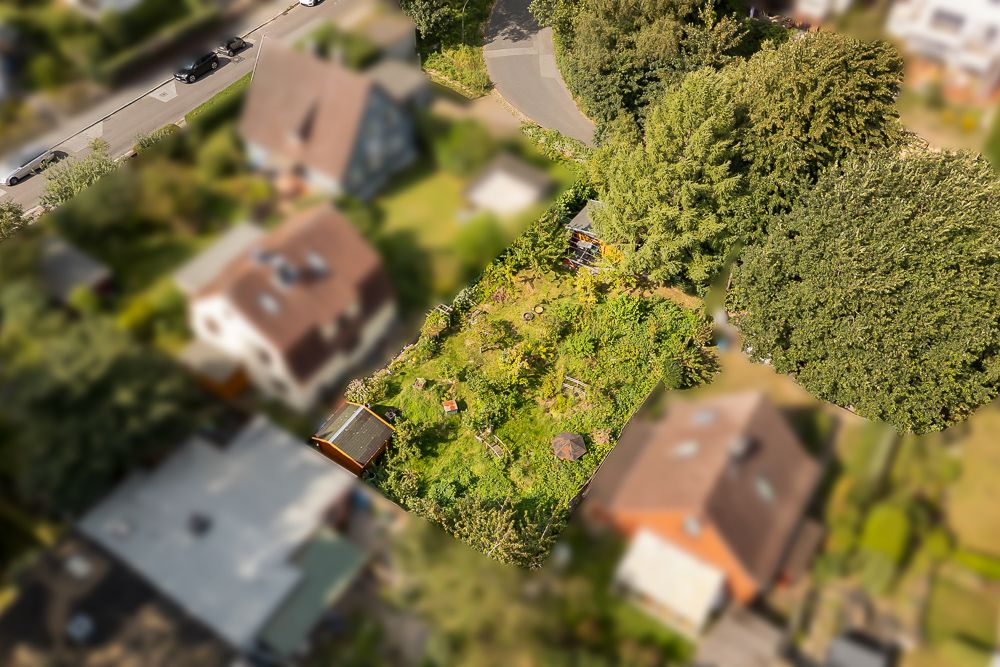 Luftaufnahme eines Gartengrundstücks mit viel Grün, Bäumen und einer kleinen Hütte.