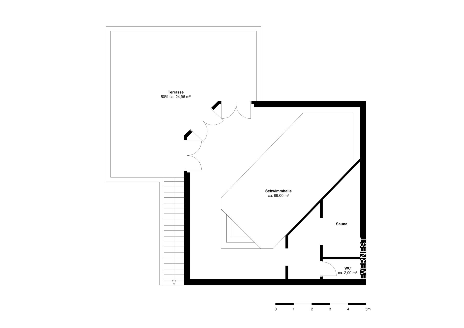 Grundriss mit Schwimmhalle, Sauna, WC und Terrasse.