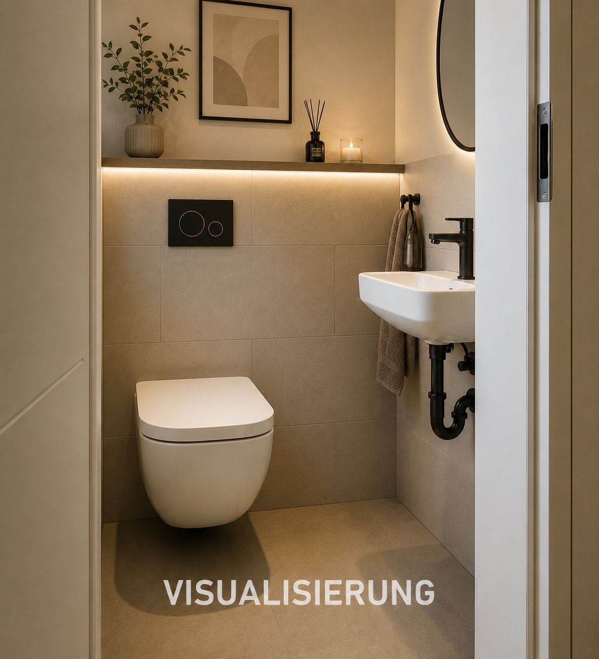 Modernes Gäste-WC mit Hänge-WC, kleinem Waschbecken, Regal, Pflanze und Wandbild.