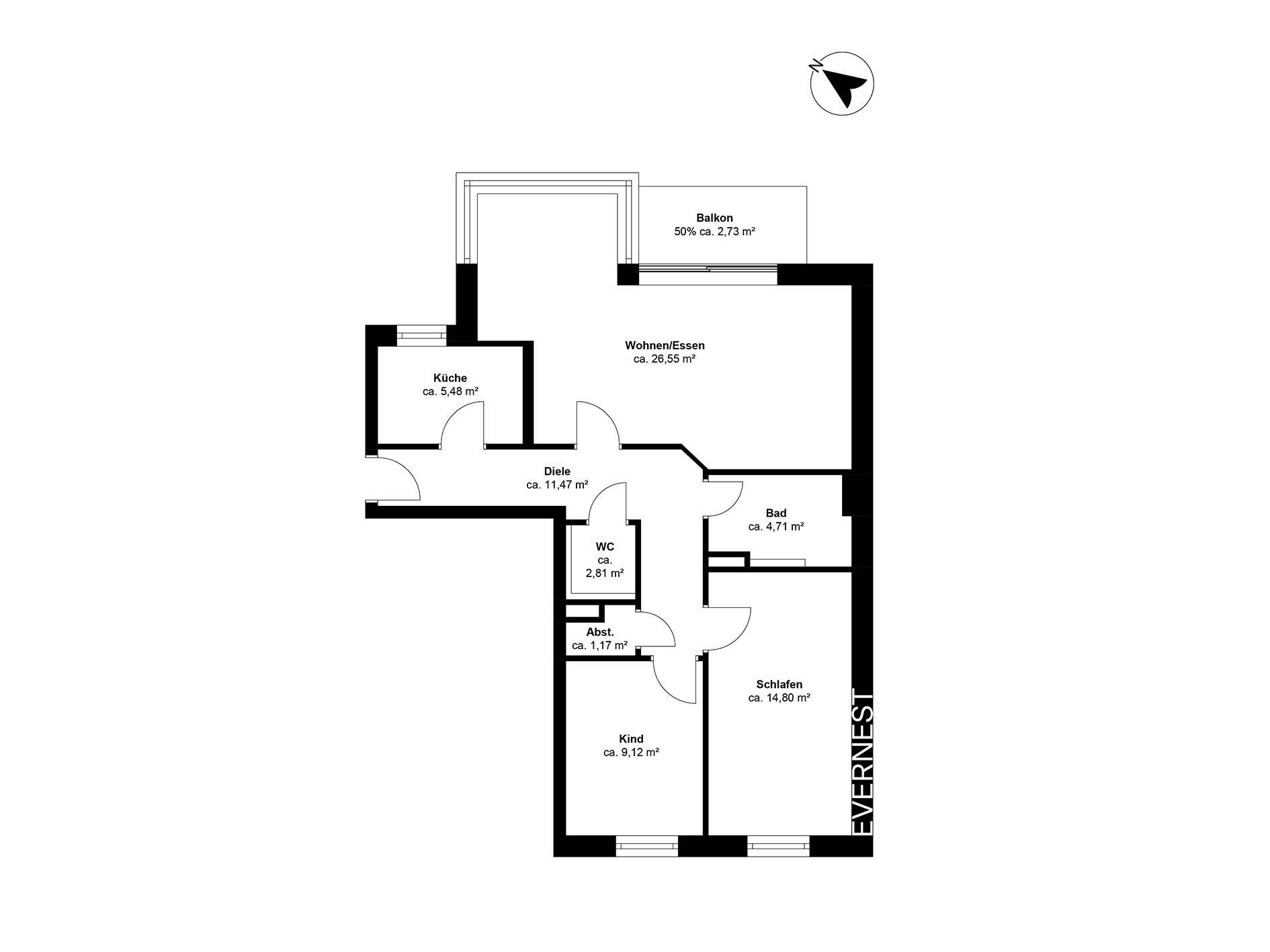 Grundriss einer Wohnung mit Balkon, Wohnzimmer, Küche, Bad, WC, Schlafzimmer und Kinderzimmer.