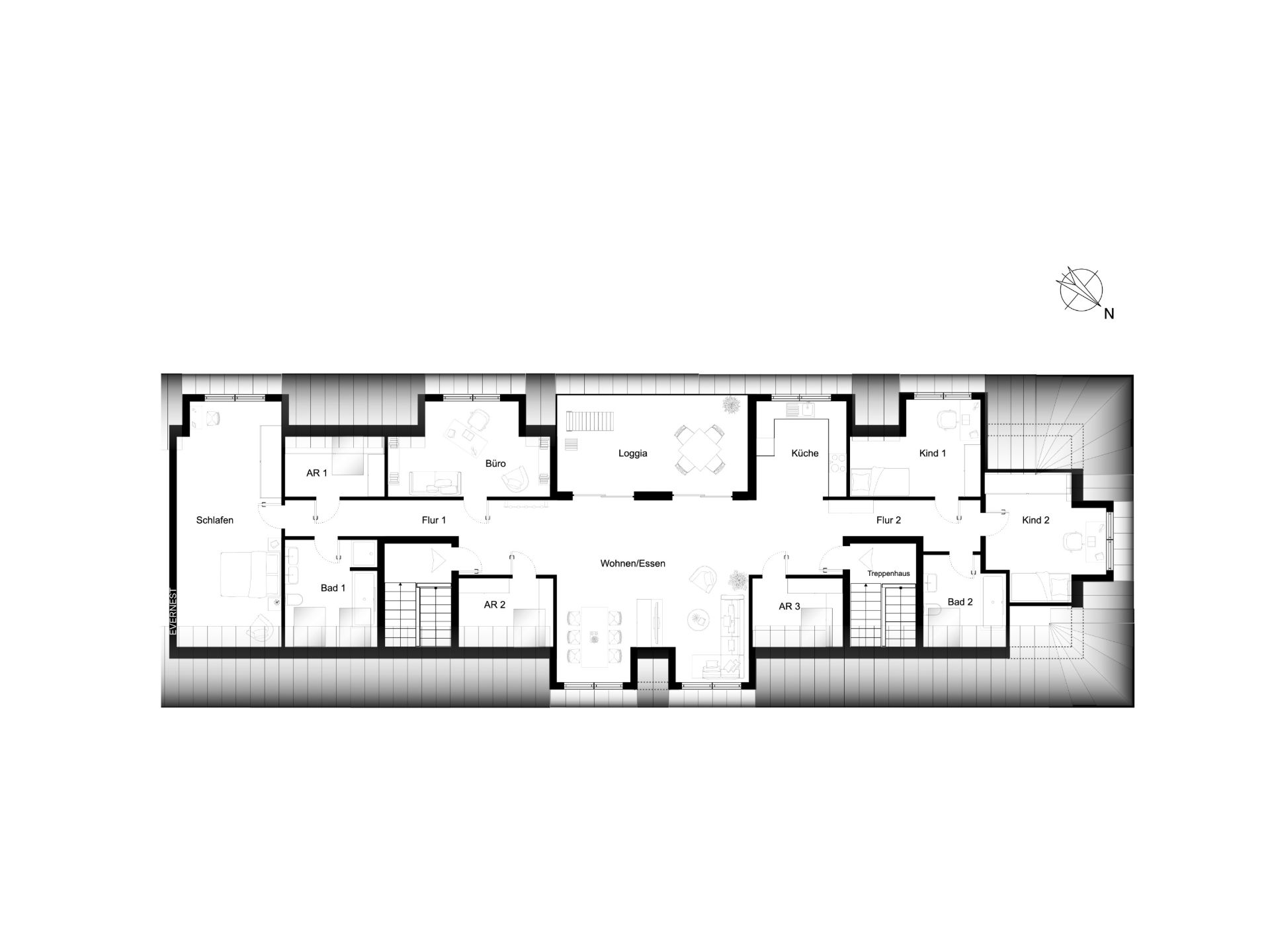 Grundriss einer Wohnung mit Schlafzimmer, Kinderzimmern, Büro, Küche, Wohnzimmer und Bädern.