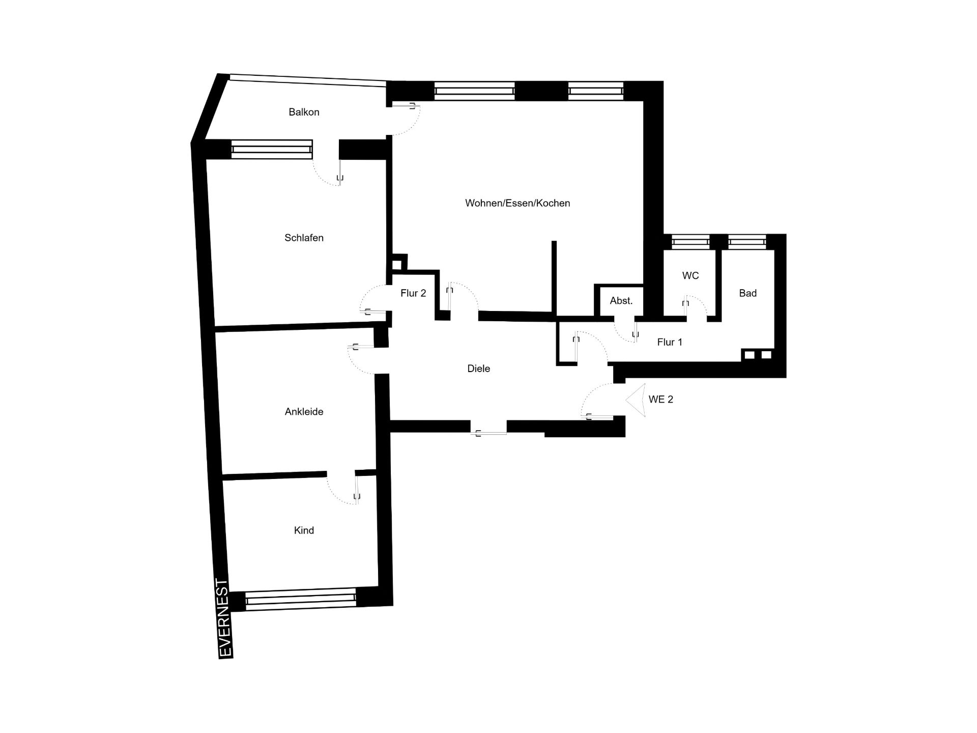 Grundriss mit Schlafzimmer, Kinderzimmer, Ankleide, Balkon, Bad, WC und Wohn-Ess-Kochbereich.