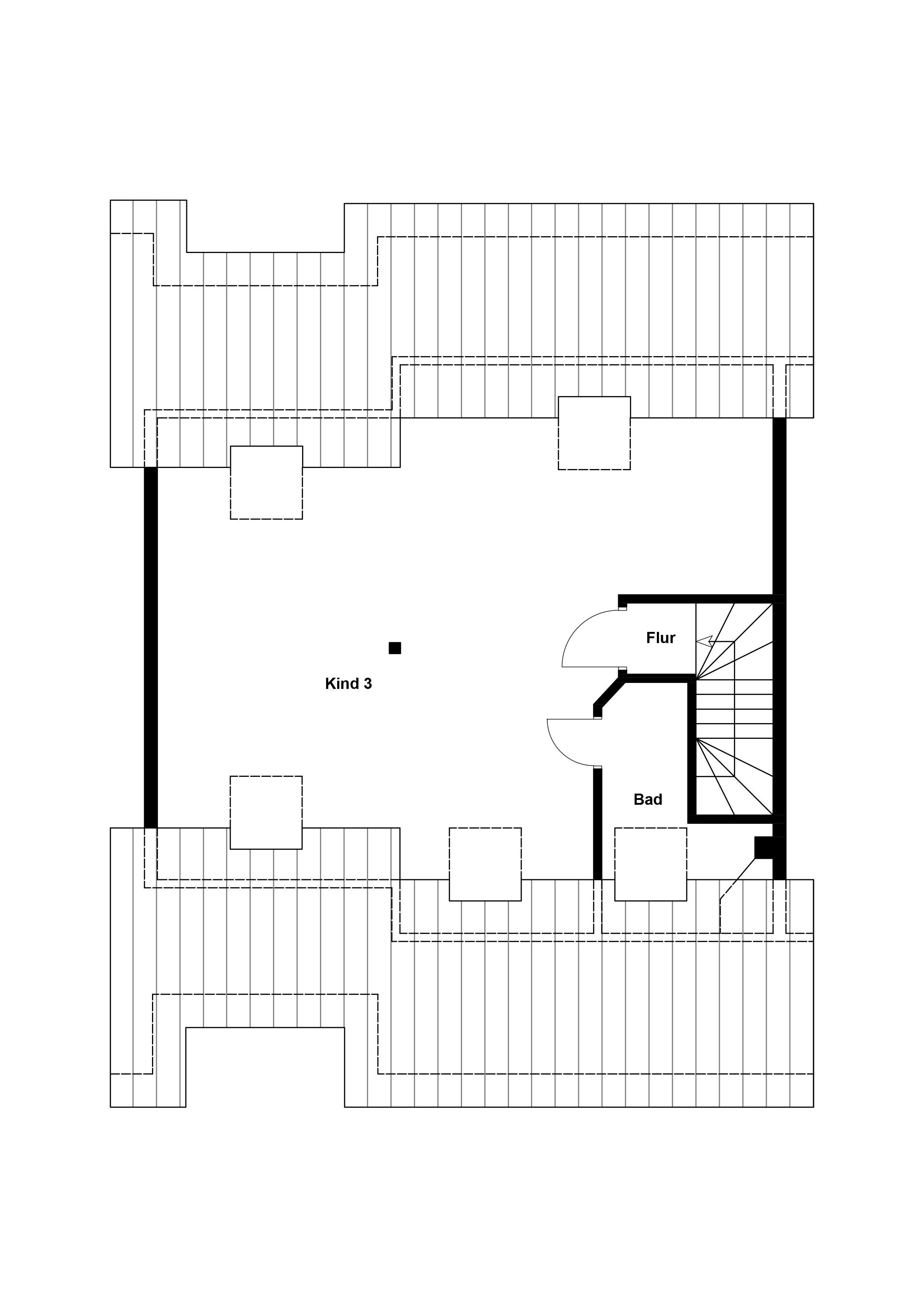 Grundriss mit einem großen Zimmer, Flur, Bad und Treppe.