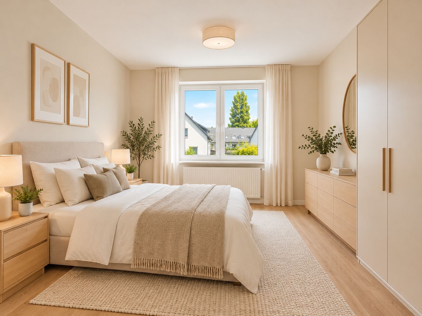 Helles Schlafzimmer mit Doppelbett, Nachttischen, Schrank, Kommode und einem Fenster mit Blick nach draußen.