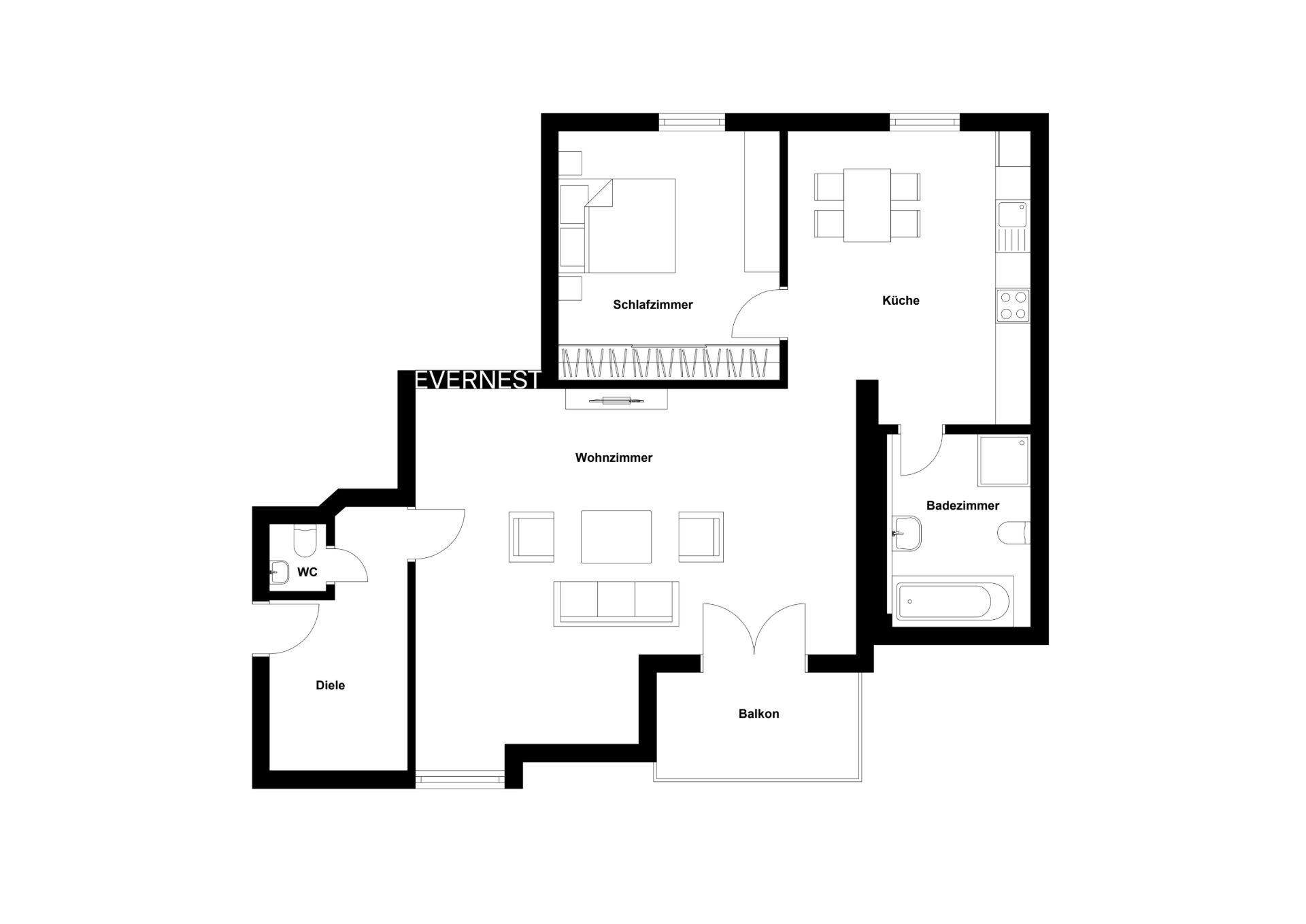Grundriss einer Wohnung mit Wohnzimmer, Schlafzimmer, Küche, Bad, WC, Diele und Balkon.