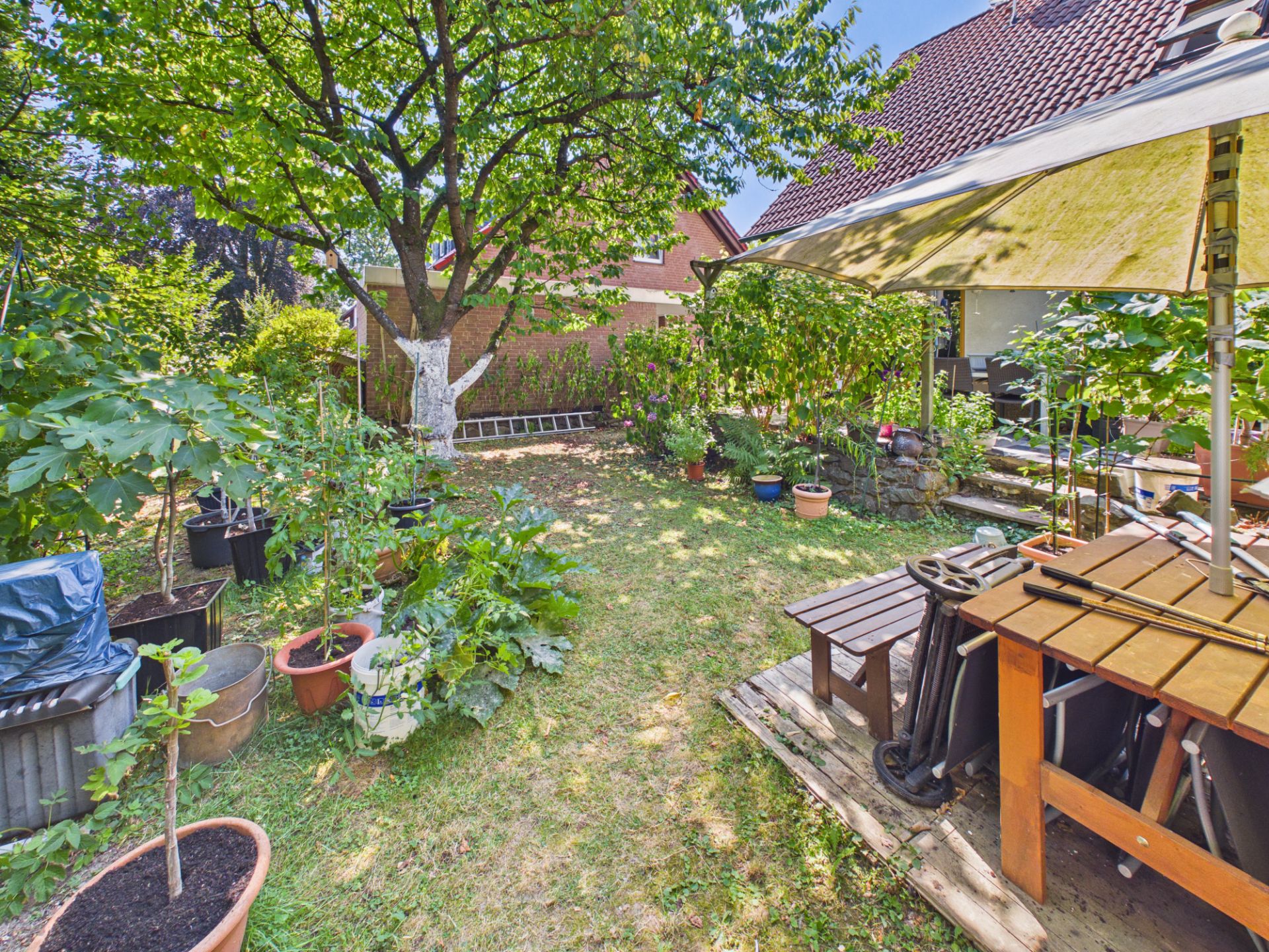 Garten mit Bäumen, Pflanzen in Töpfen, Sonnenschirm und Holztisch auf Rasenfläche.