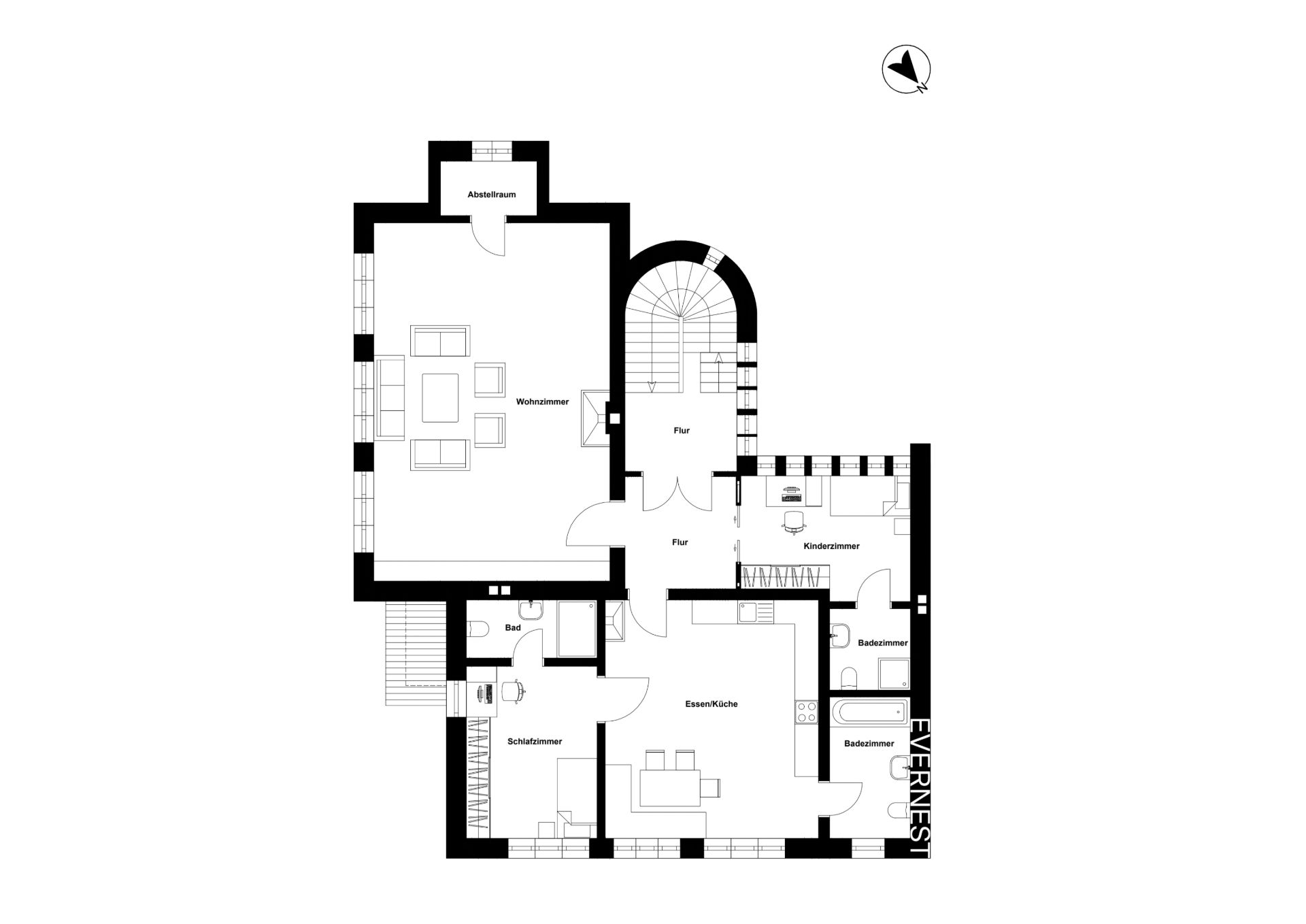 Grundriss eines Wohnhauses mit Wohnzimmer, Schlafzimmer, Essküche, Kinderzimmer und zwei Bädern.