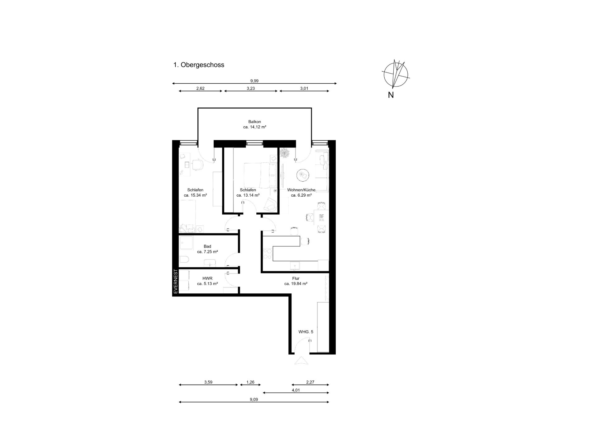 Grundriss einer Wohnung mit zwei Schlafzimmern, Bad, Wohnküche, Flur und Balkon.