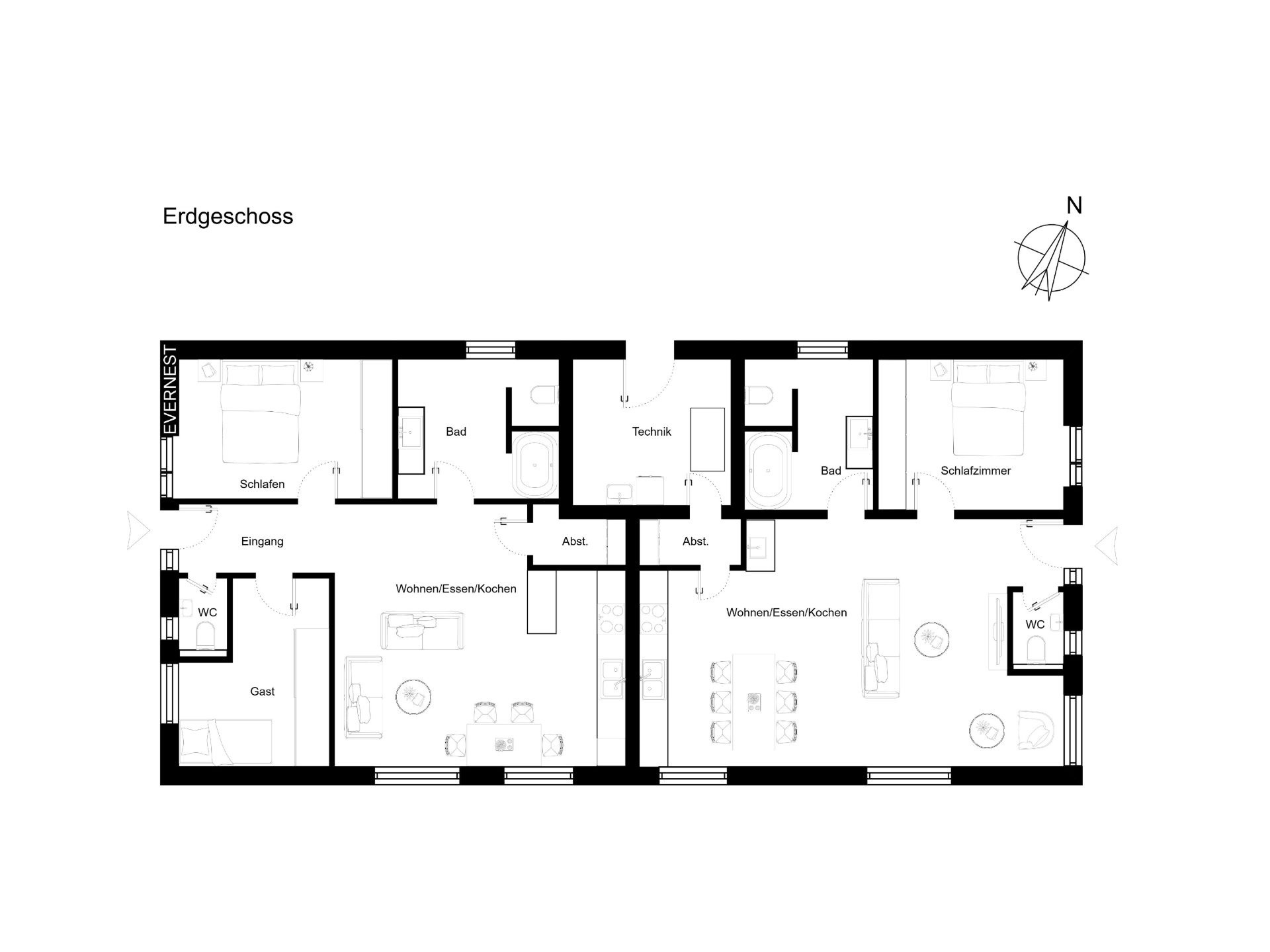 Grundriss des Erdgeschosses mit Schlafzimmern, Bädern, Küche, Wohnbereichen und Gästezimmer.