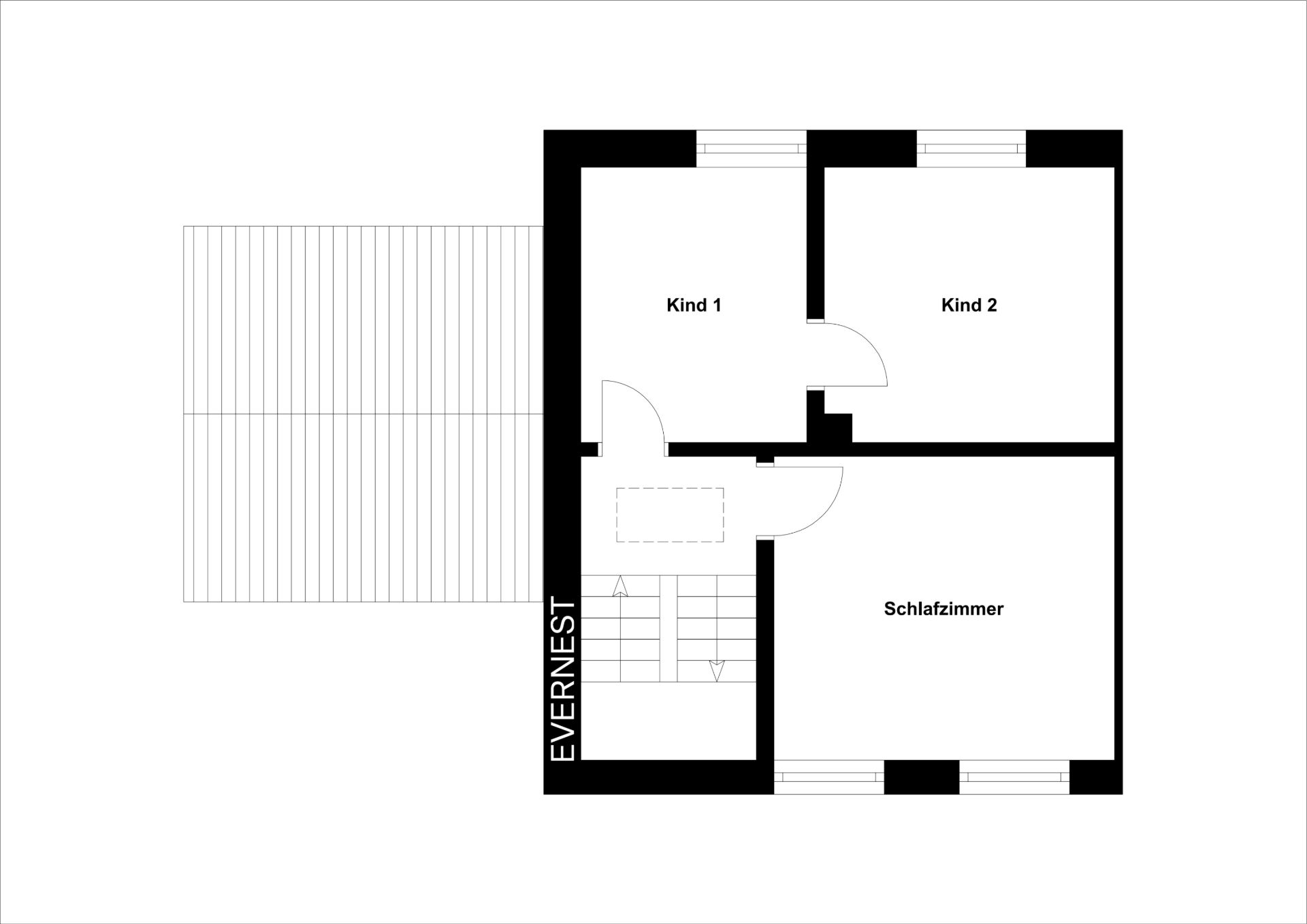 Grundriss mit zwei Kinderzimmern und einem Schlafzimmer, dazu Treppenbereich.