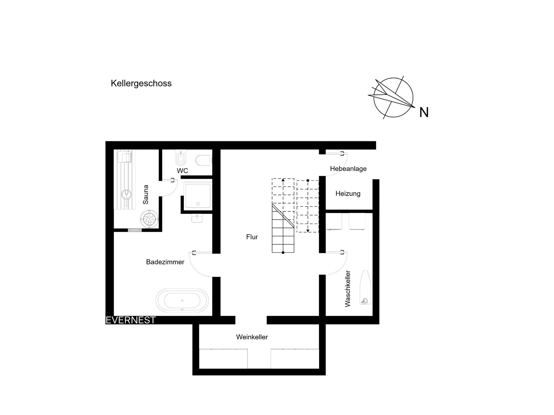 Grundriss eines Kellers mit Sauna, WC, Bad, Weinkeller, Waschraum, Heizung und Flur.