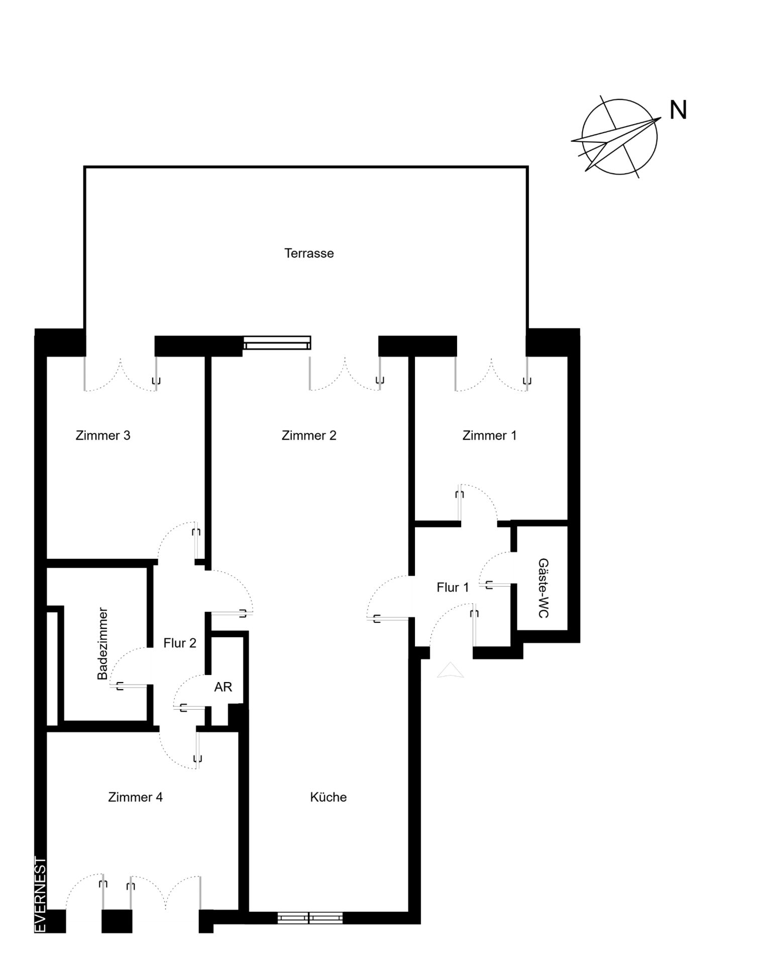 Grundriss einer Wohnung mit vier Zimmern, Küche, Bad, Gäste-WC und Terrasse.