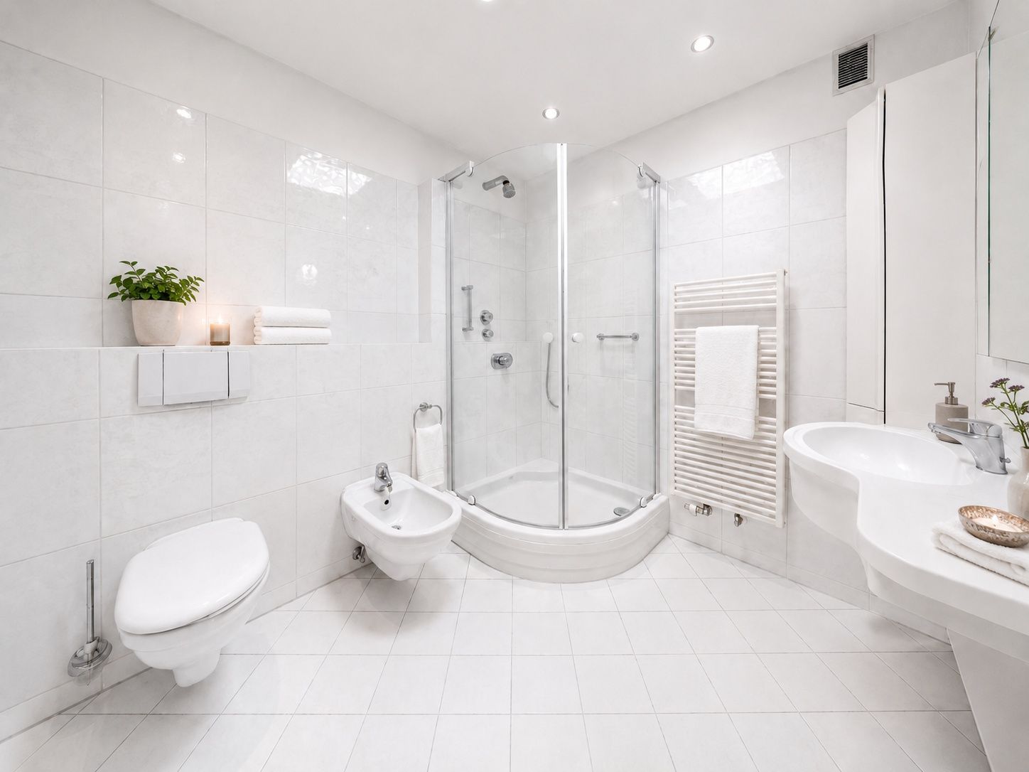 Modernes, helles Badezimmer mit Dusche, WC, Bidet, Waschbecken und Handtuchheizkörper.