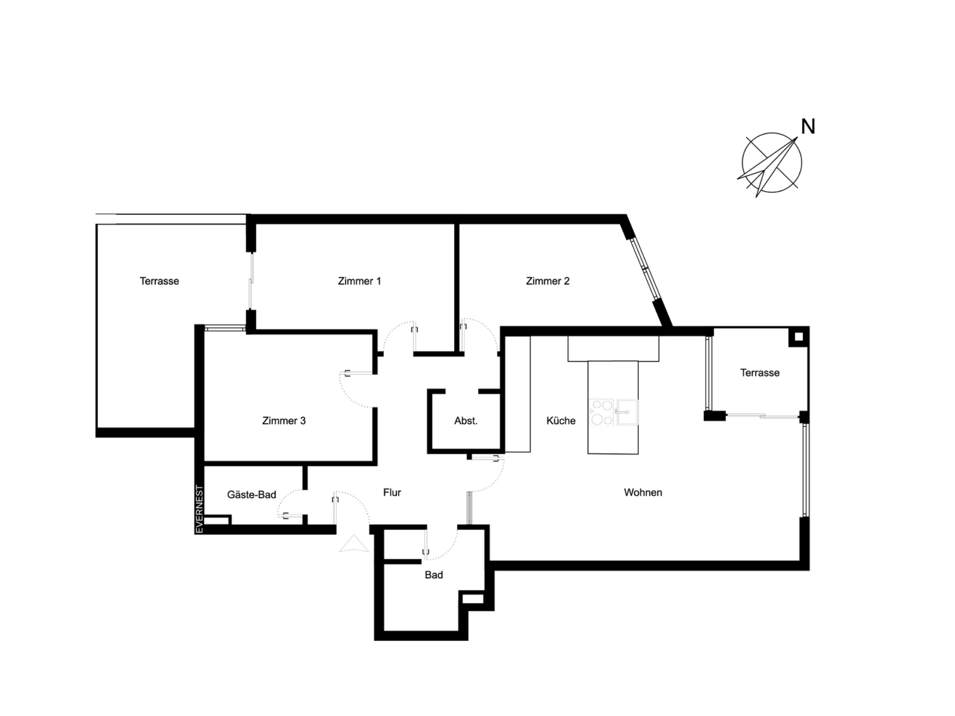 Grundriss einer Wohnung mit drei Zimmern, Küche, zwei Bädern und zwei Terrassen.
