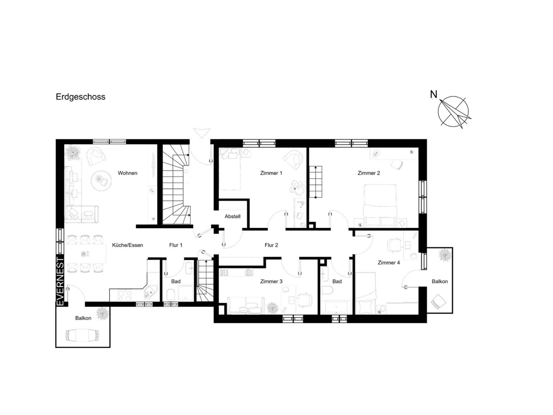 Grundriss des Erdgeschosses mit vier Zimmern, zwei Bädern, Küche, Wohnzimmer und zwei Balkonen.