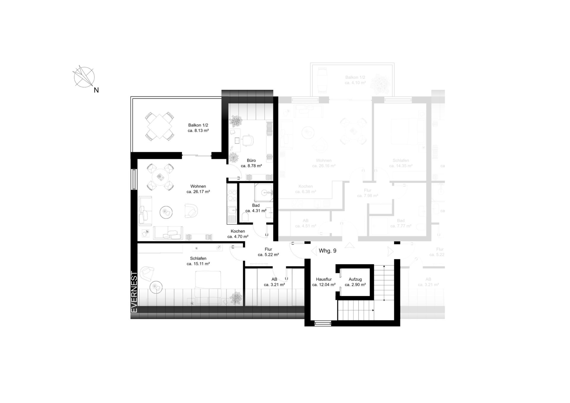 Grundriss einer Wohnung mit Wohnzimmer, Schlafzimmer, Büro, Küche, Bad und zwei Balkonen.