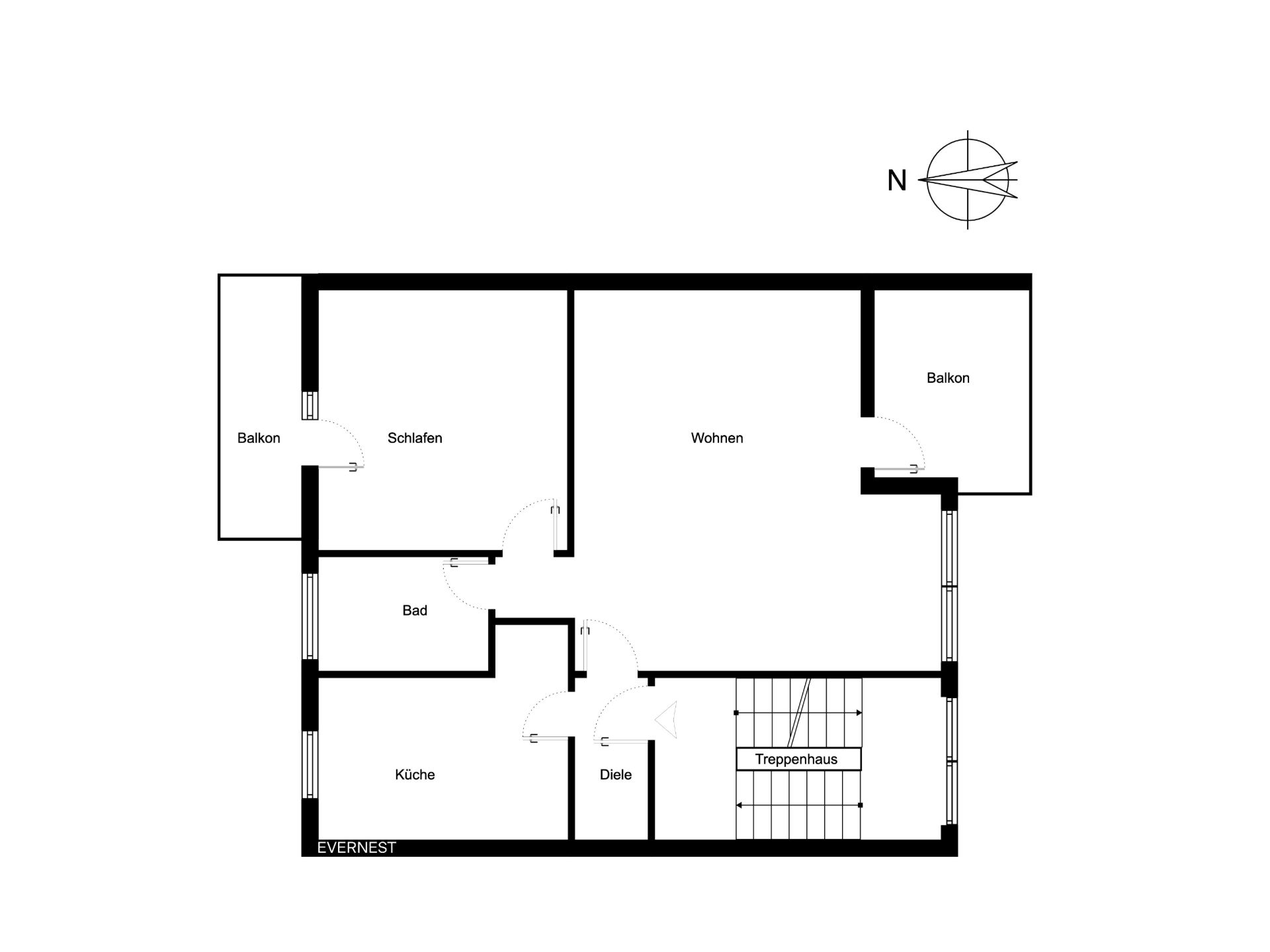 Grundriss mit Schlafzimmer, Wohnzimmer, Bad, Küche, Diele und zwei Balkonen.