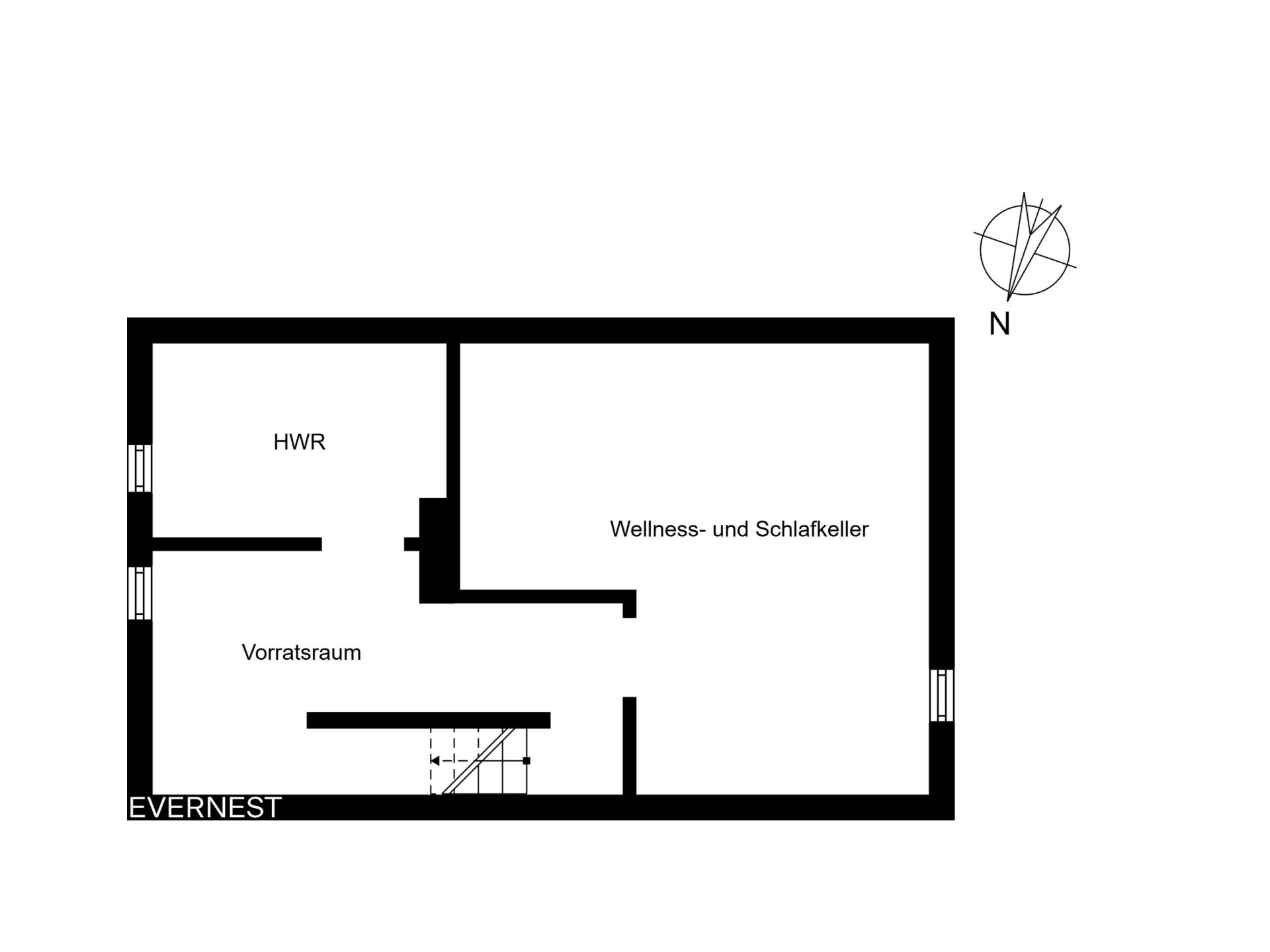 Grundriss mit Vorratsraum, HWR und großem Wellness- und Schlafkeller.