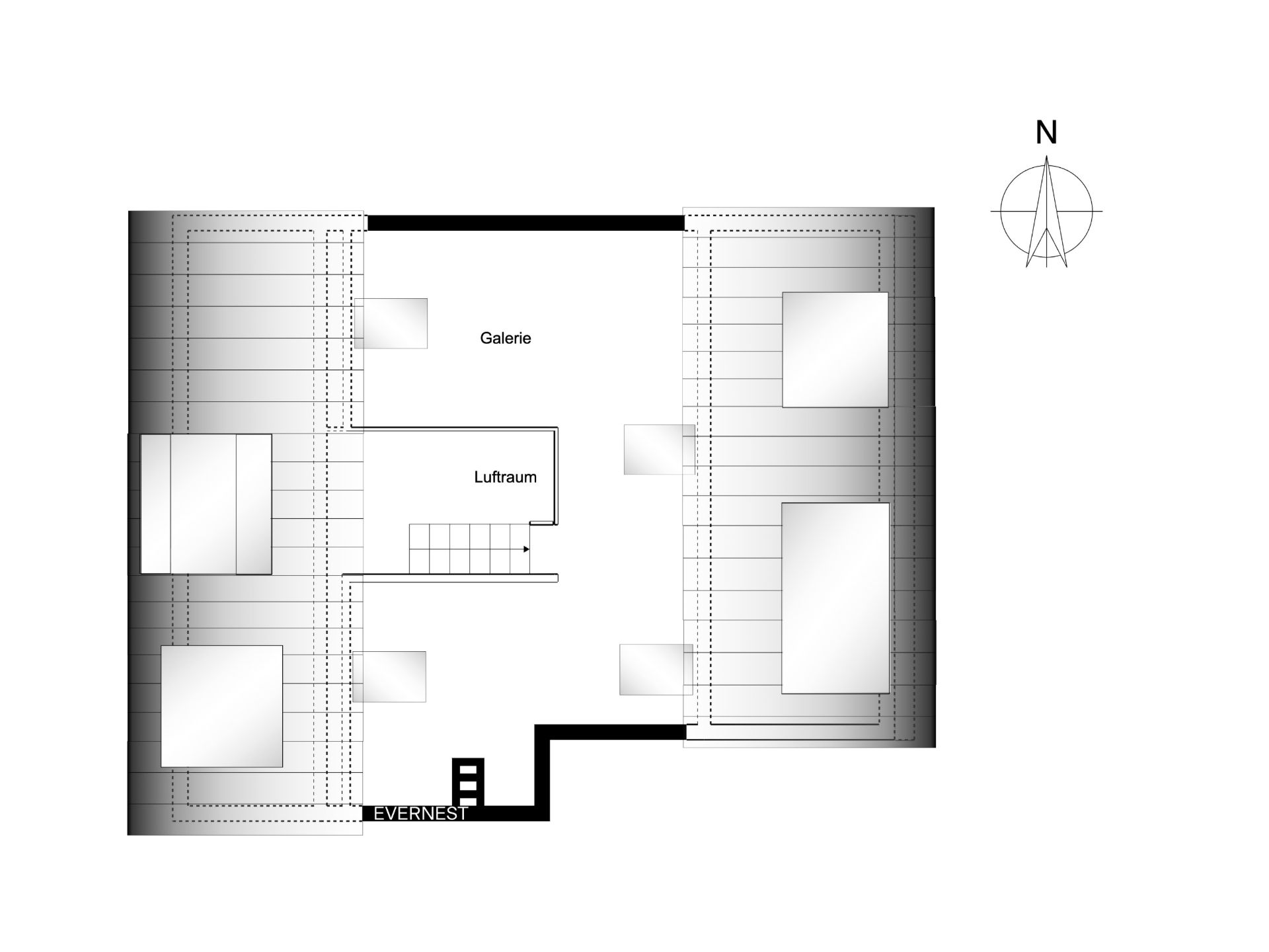 Grundriss einer Galerie mit Luftraum und umliegenden Räumen, Treppe zentral platziert.