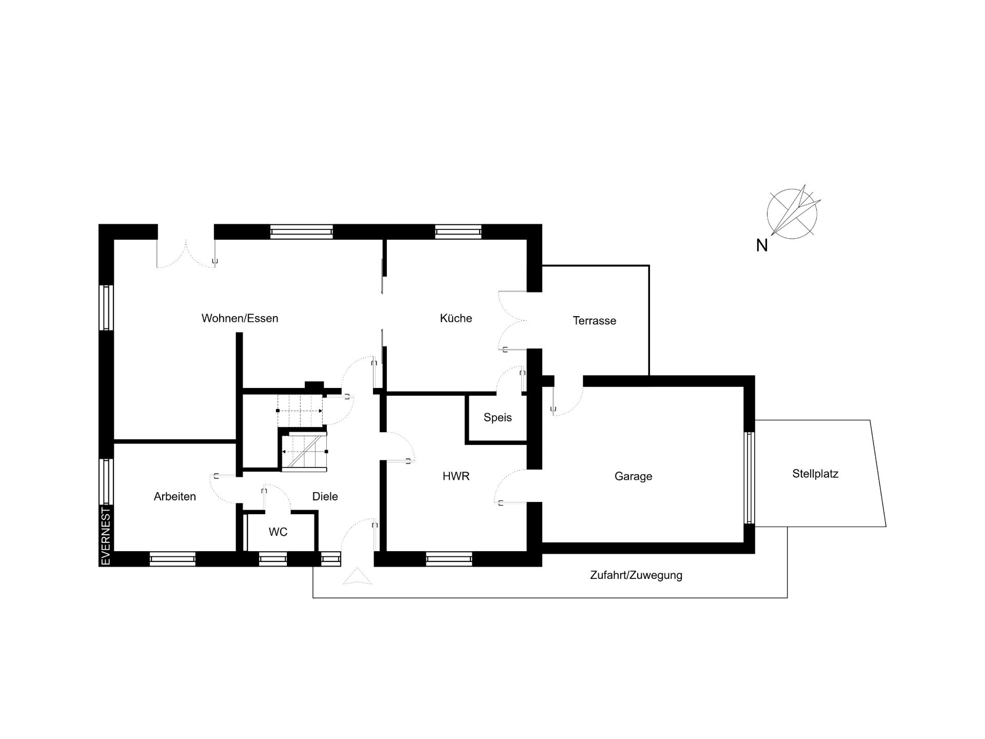 Grundriss eines Wohnhauses mit Zimmern, Garage, Terrasse und Stellplatz.