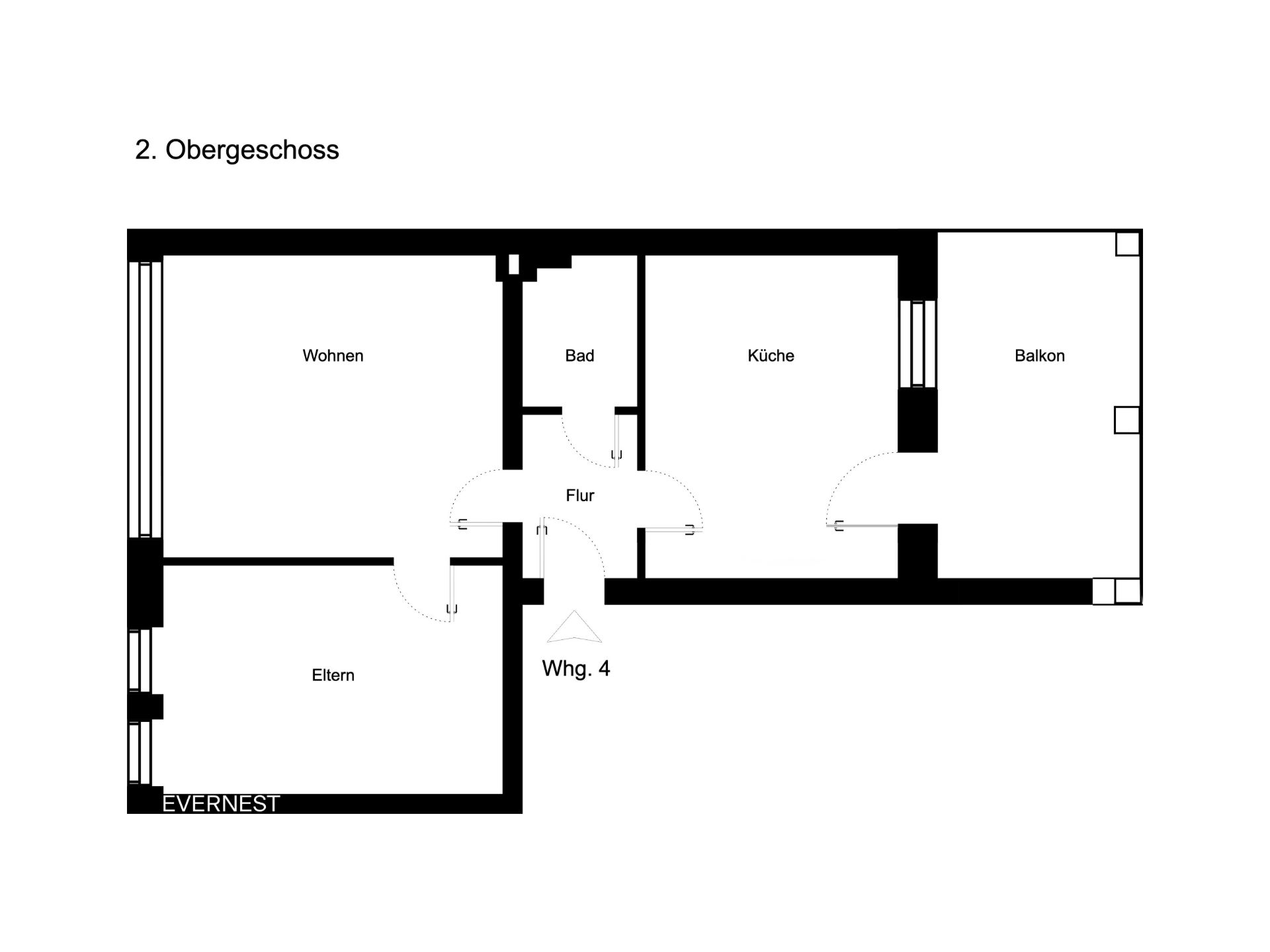 Grundriss einer Wohnung mit Wohnzimmer, Schlafzimmer, Bad, Küche, Flur und Balkon.