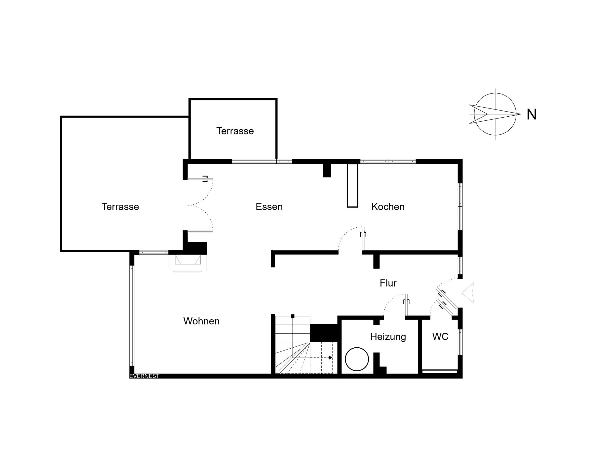 Grundriss mit Wohn-, Ess-, Kochbereich, Flur, WC, Heizung und zwei Terrassen.