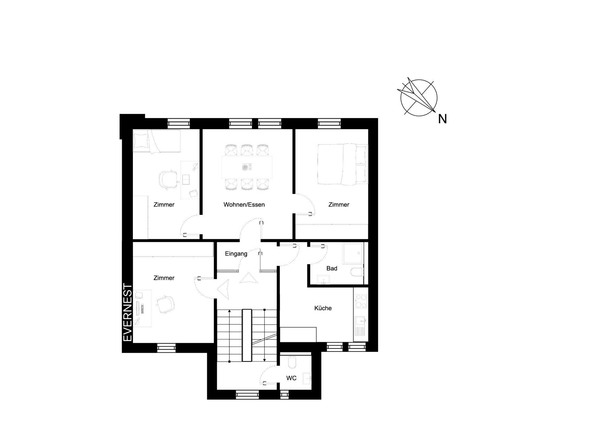 Grundriss mit Zimmern, Wohn-/Essbereich, Küche, Bad, WC und Treppe.