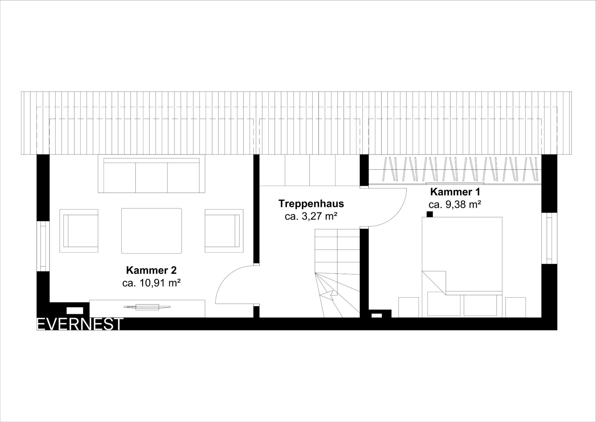 Grundriss zeigt zwei Kammern und ein Treppenhaus in einer Etage eines Wohnhauses.