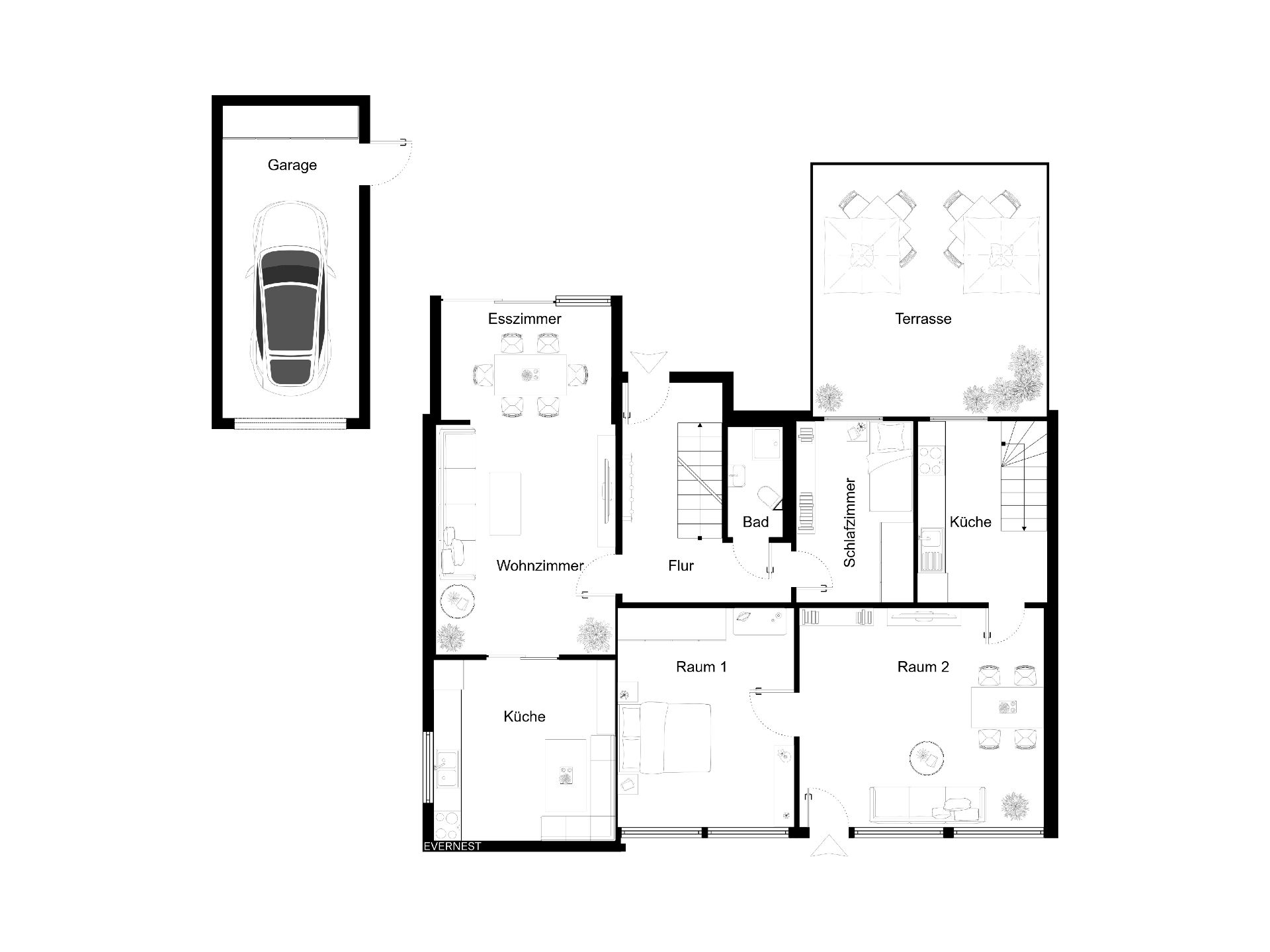 Grundriss mit Garage, Wohnzimmer, Schlafzimmer, Küche, Esszimmer, Bad, Terrasse und zwei weiteren Räumen.