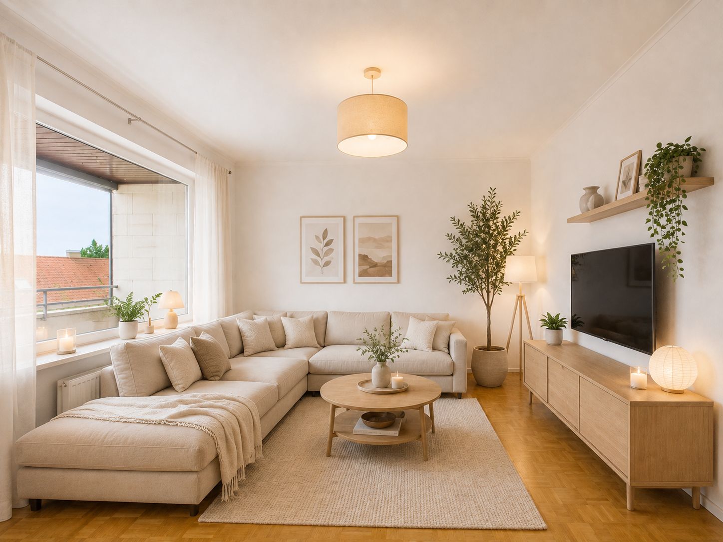 Helles Wohnzimmer mit großem Ecksofa, Couchtisch, TV, Pflanzen und Fenstern.