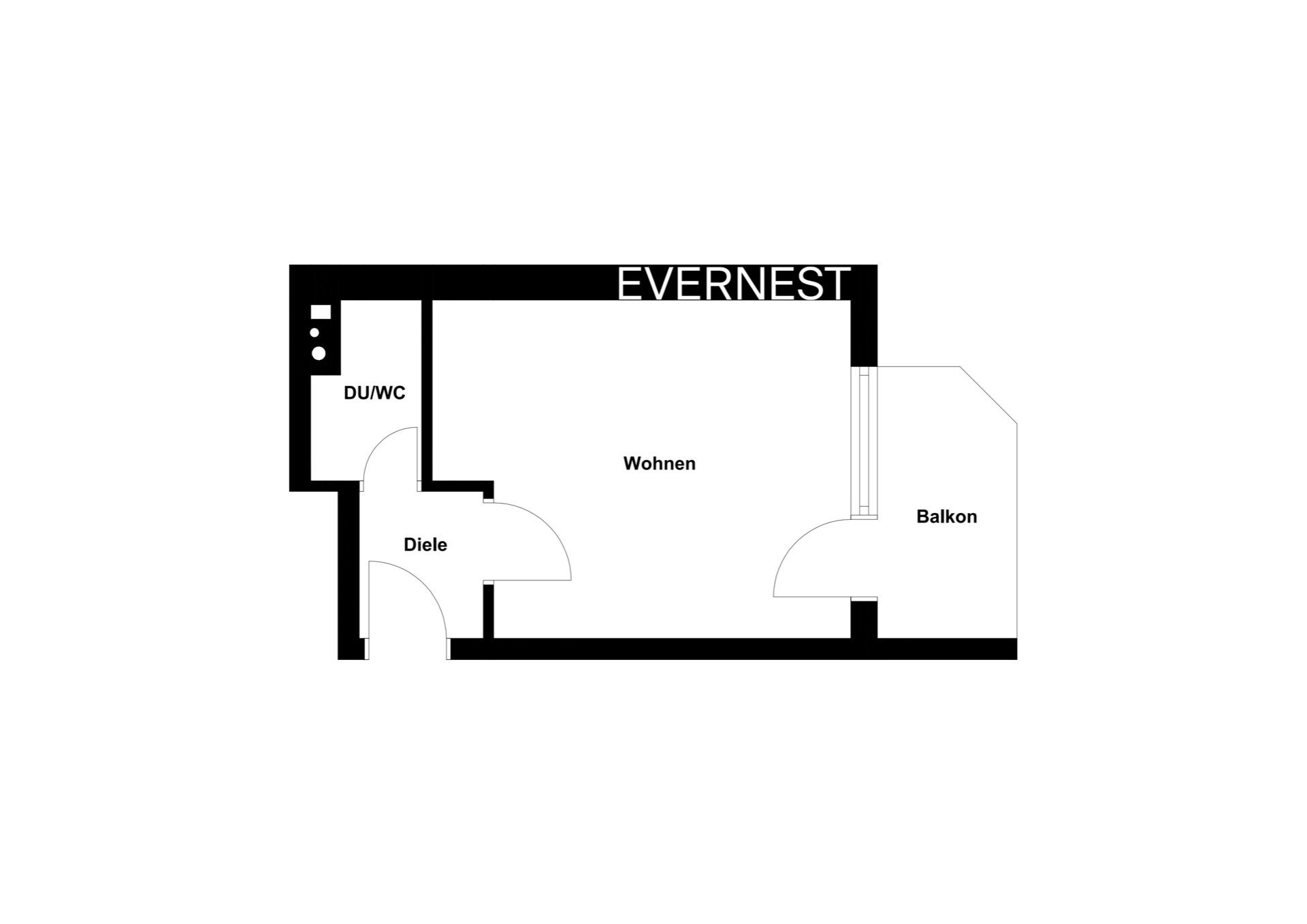 Grundriss mit Diele, DU/WC, Wohnraum und Balkon.