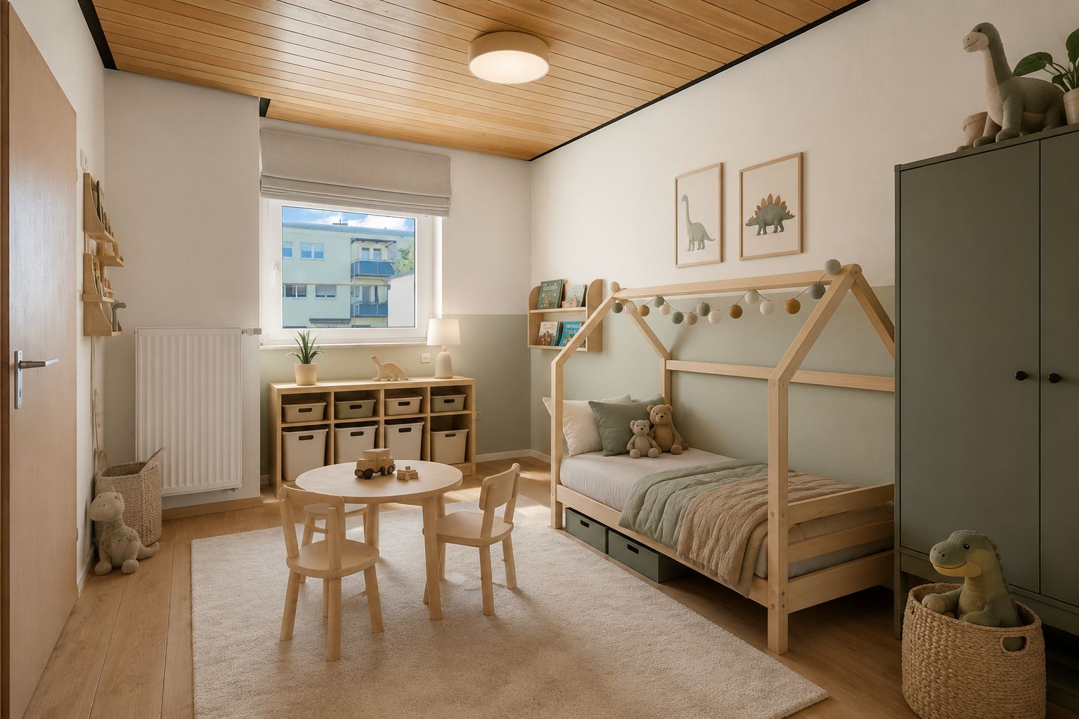 Helles Kinderzimmer mit Holzbett, kleinem Tisch, Stühlen, Spielzeug und Schrank.