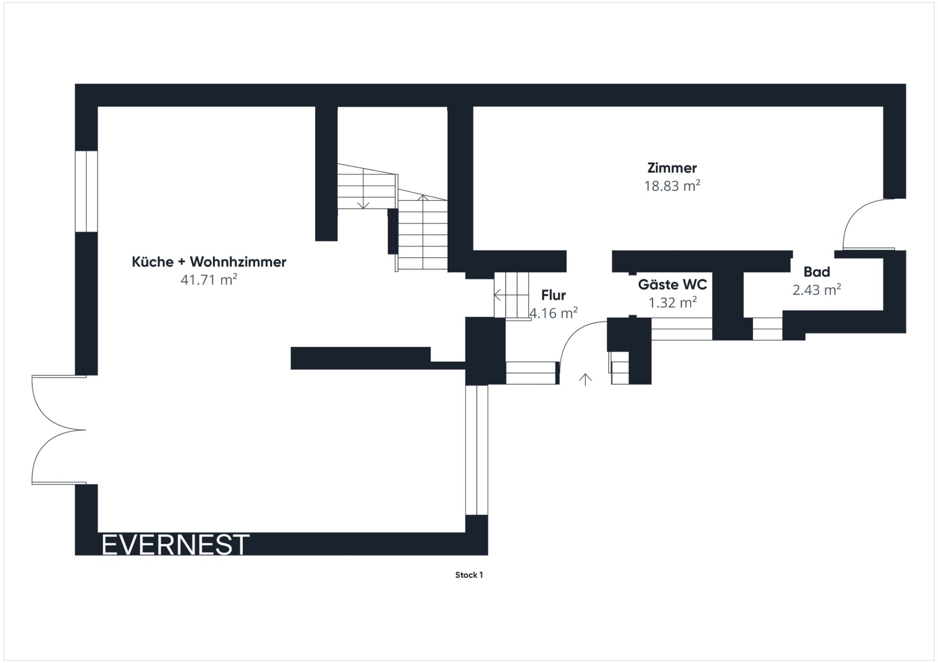Grundriss mit Küche und Wohnzimmer, Zimmer, Gäste-WC, Bad und Flur.