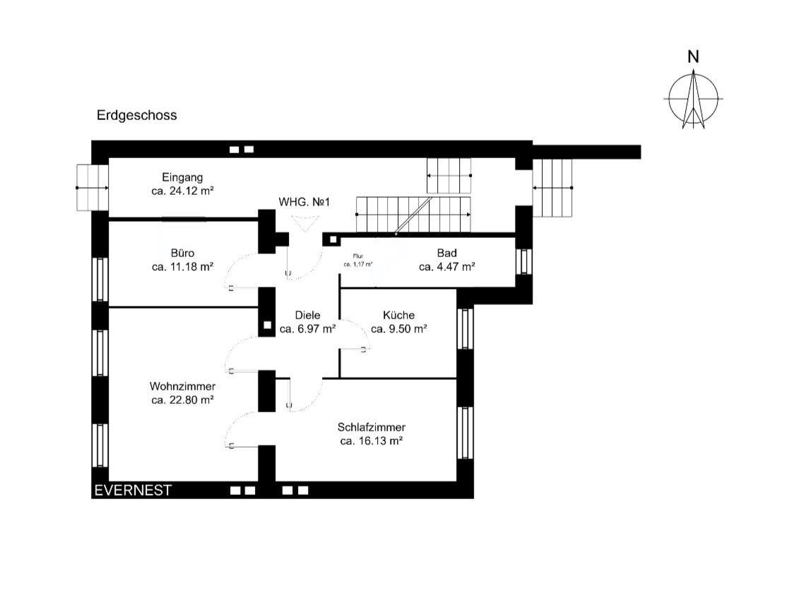 Grundriss einer Wohnung mit Wohnzimmer, Schlafzimmer, Büro, Küche, Bad, Diele und Eingang.