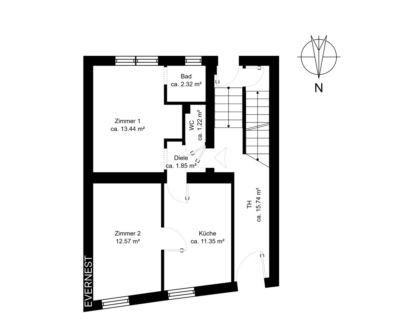 Grundriss einer Wohnung mit zwei Zimmern, Küche, Bad, WC, Diele und Flur.