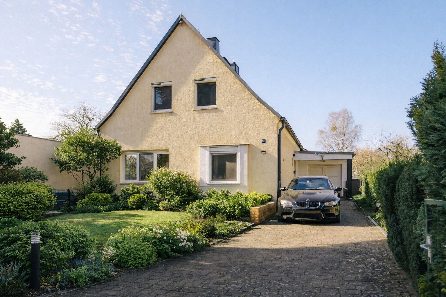 Einfamilienhaus mit Garten, Einfahrt und geparktem Auto vor dem Haus.