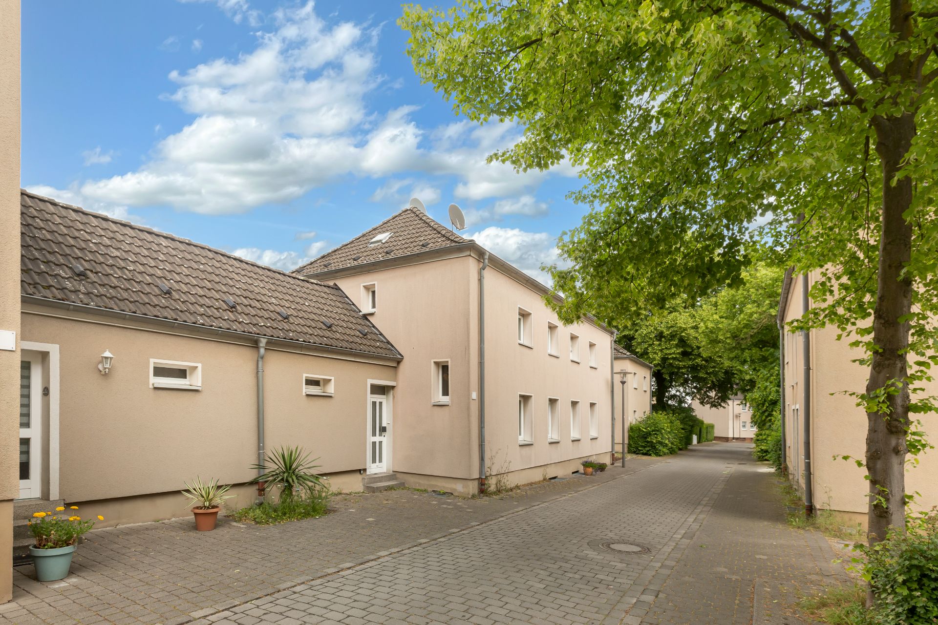 Gepflasterter Weg zwischen beigefarbenen Wohnhäusern mit Pflanzen und Bäumen.