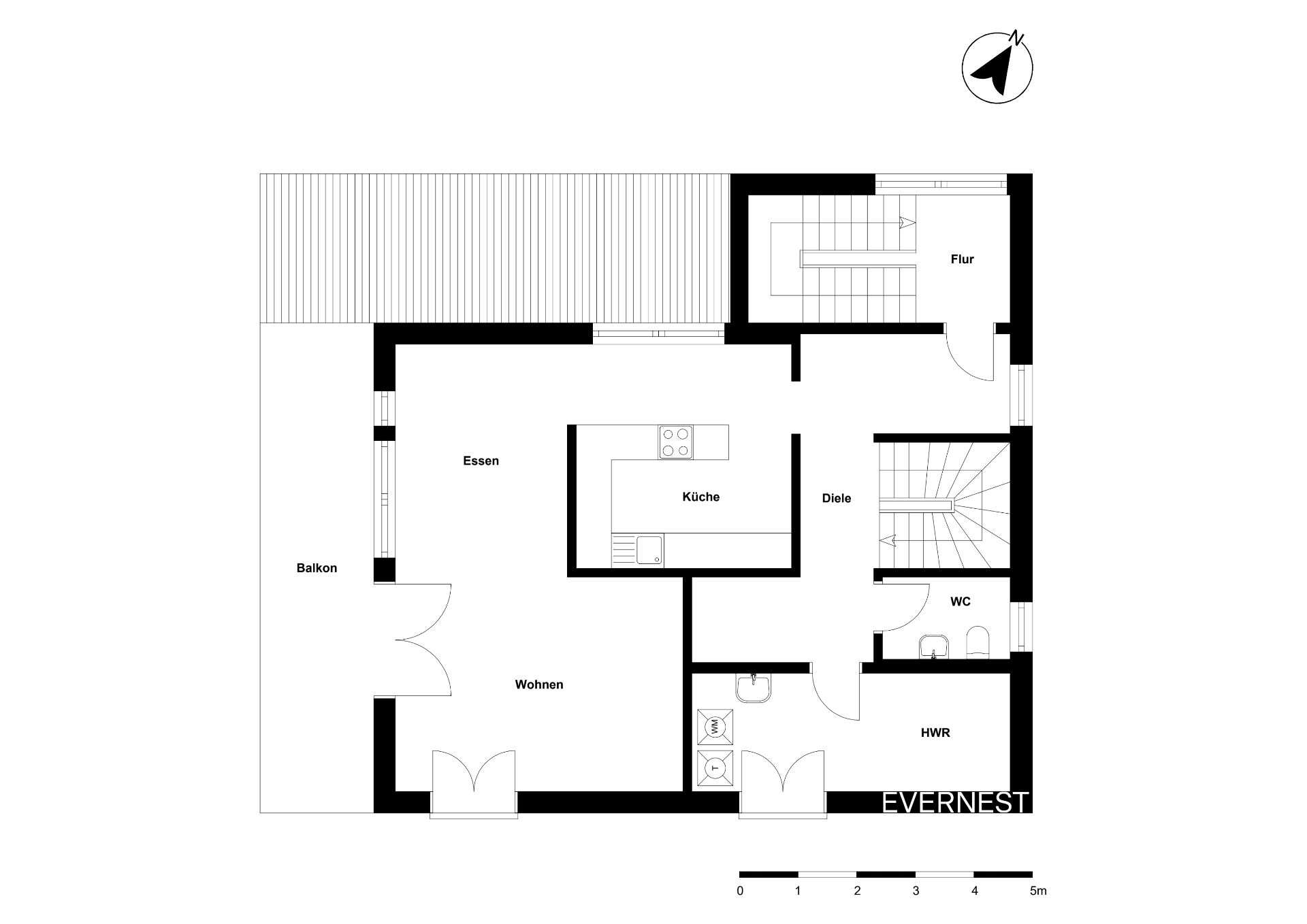 Grundriss mit Küche, Essbereich, Wohnzimmer, WC, Flur, Hauswirtschaftsraum und Balkon.