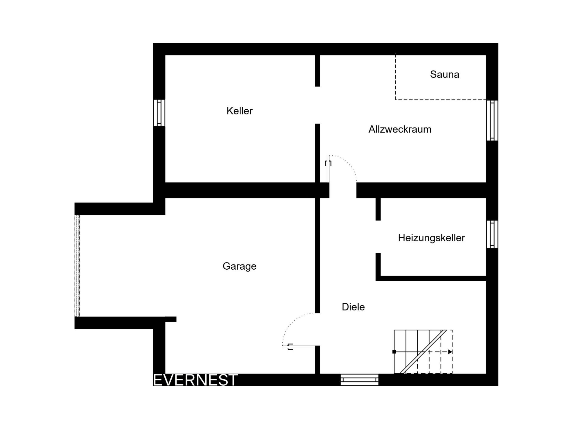 Grundriss mit Keller, Garage, Allzweckraum, Heizungskeller, Diele und Sauna.