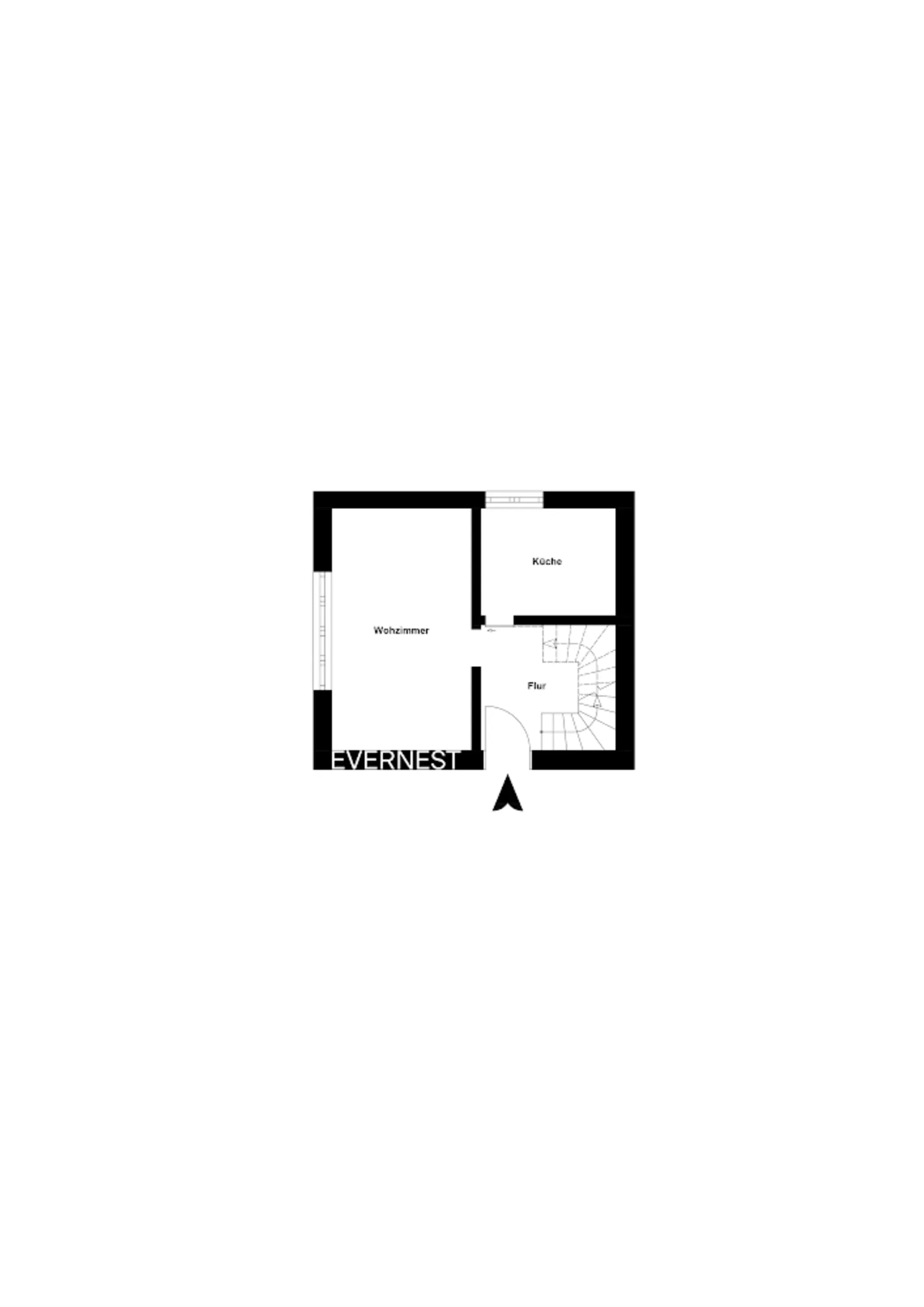 Grundriss mit Wohnzimmer, Küche und Flur mit Treppe.