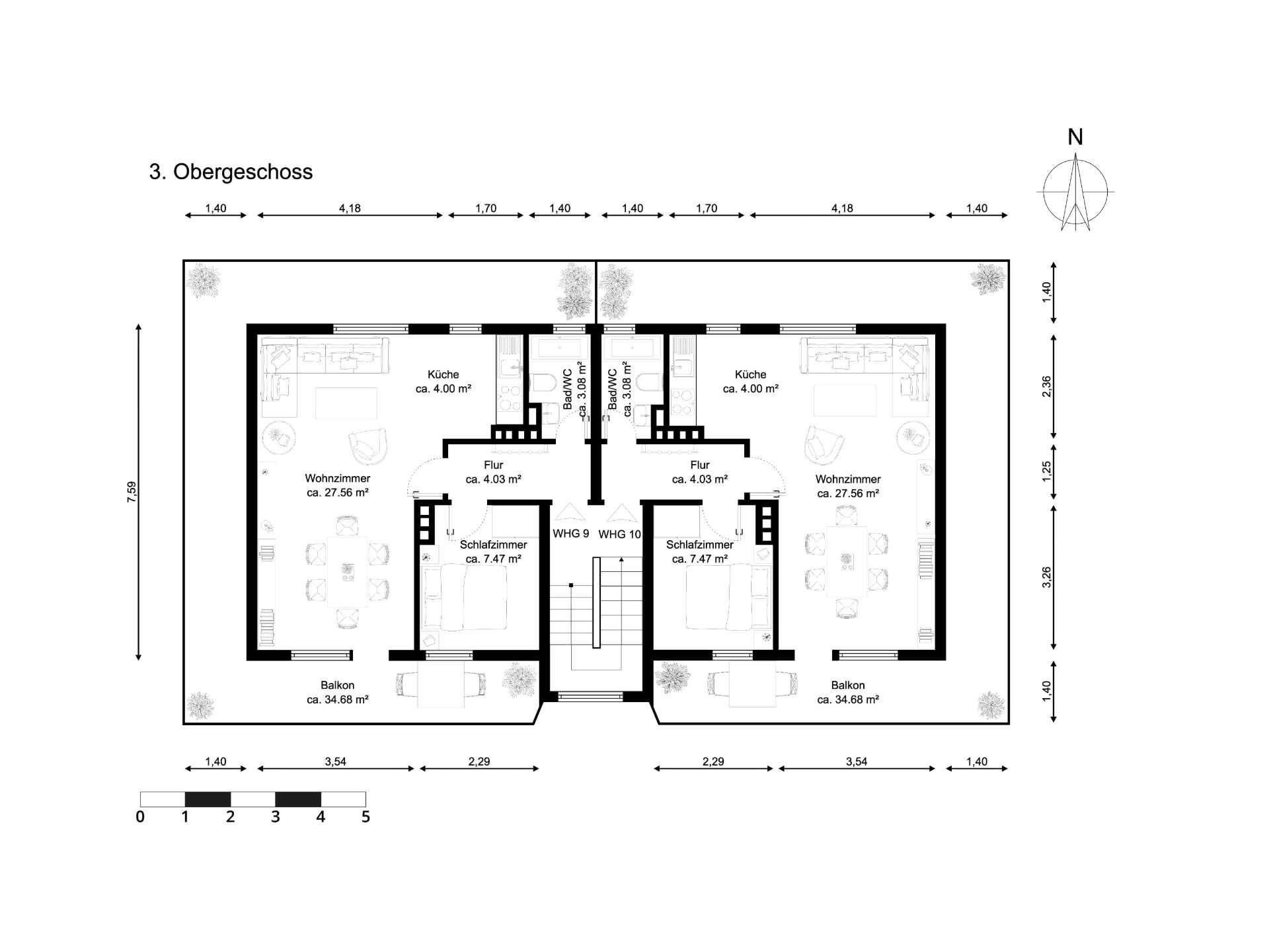 Grundriss des 3. Obergeschosses mit zwei Wohnungen, Balkonen, Schlafzimmern, Küchen und Wohnräumen.