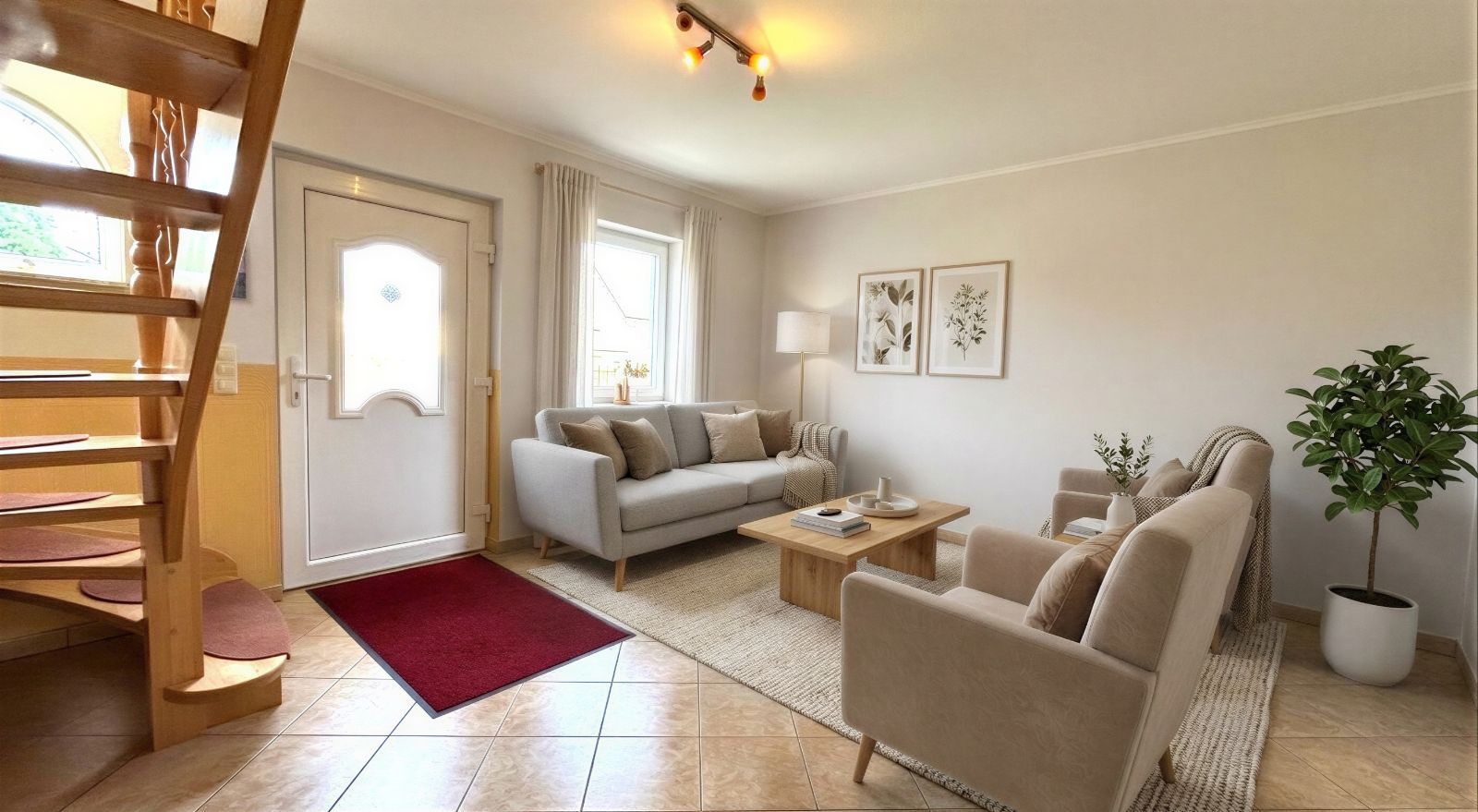 Helles Wohnzimmer mit zwei Sofas, Couchtisch, Pflanze, rotem Teppich und Holztreppe.
